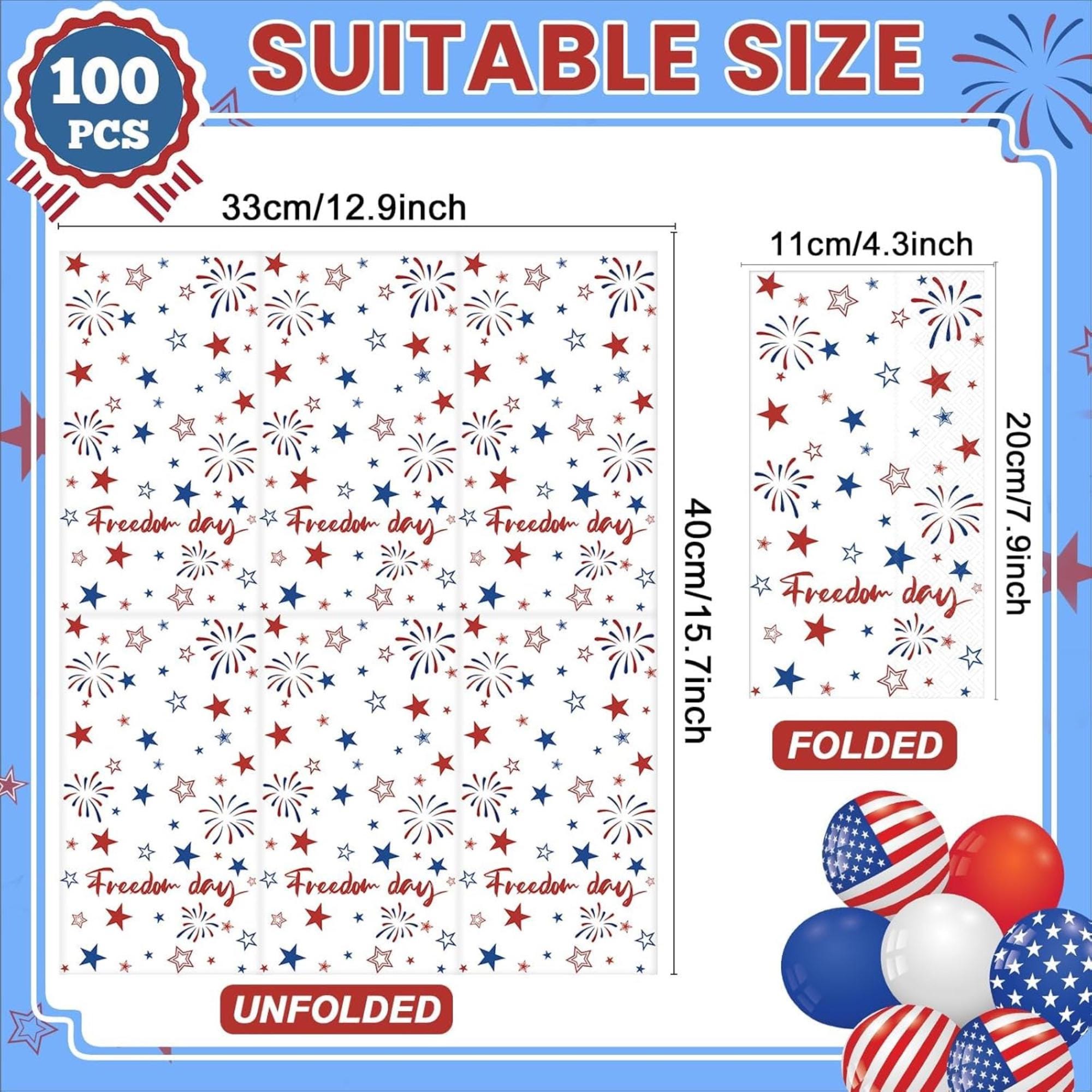 100 Pack Patriotic Star Paper Napkins Guest Towel Disposable Set