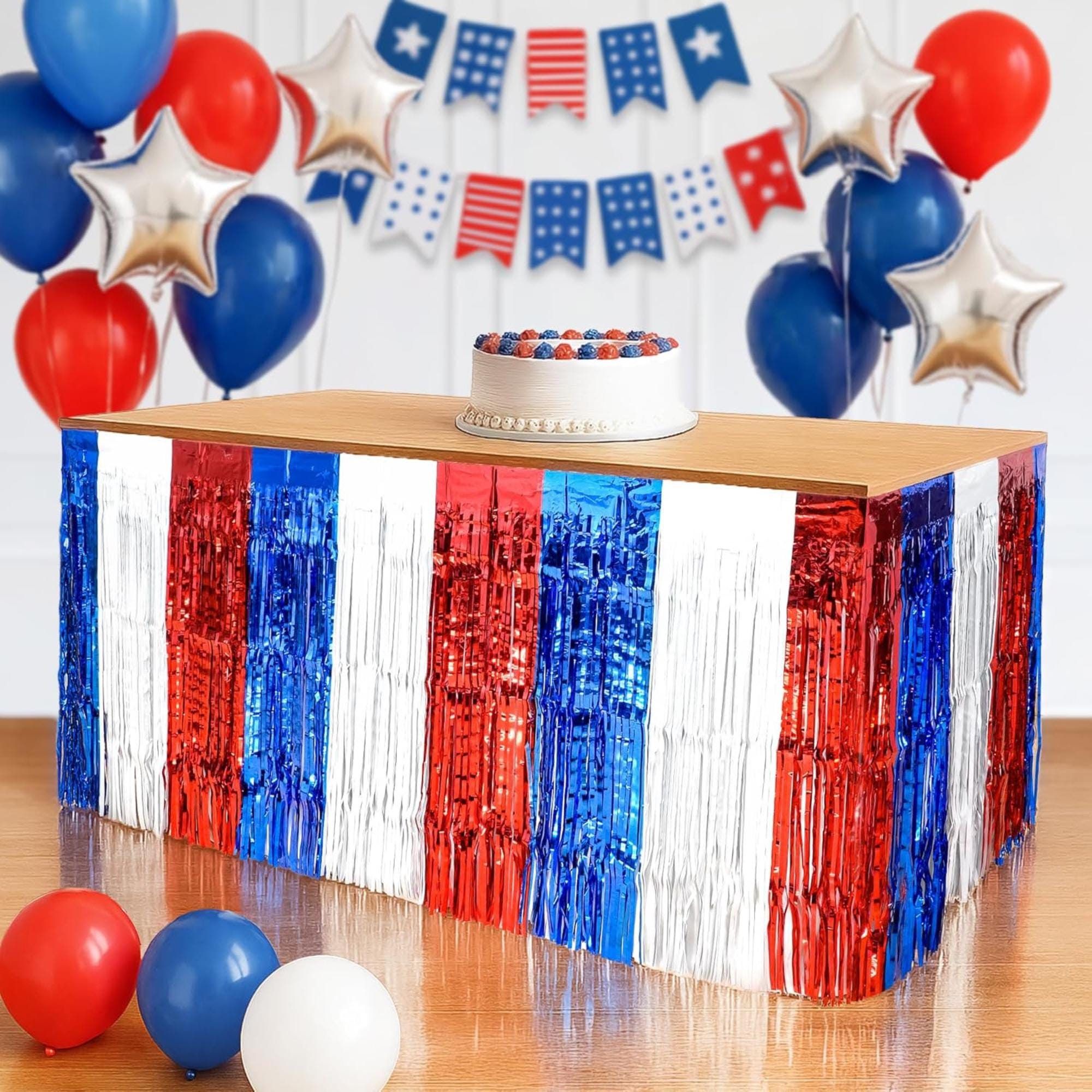 3 Pack Patriotic Fringe Table Skirt 2.5x9 ft. Red White Blue Décor