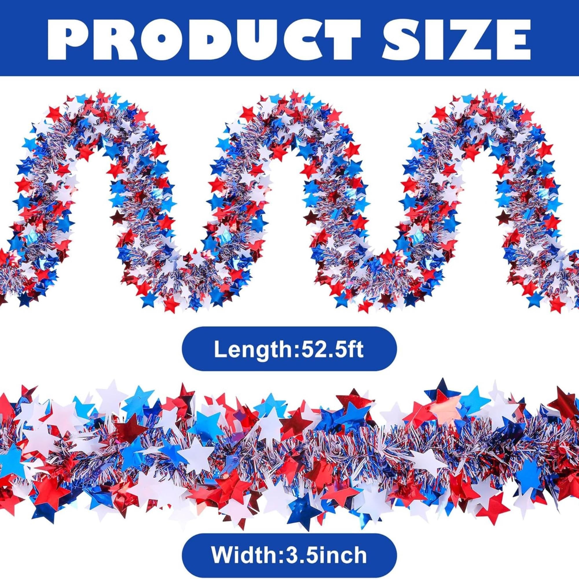 52.5Ft Patriotic Tinsel Garland Red White Blue Star Party Decoration