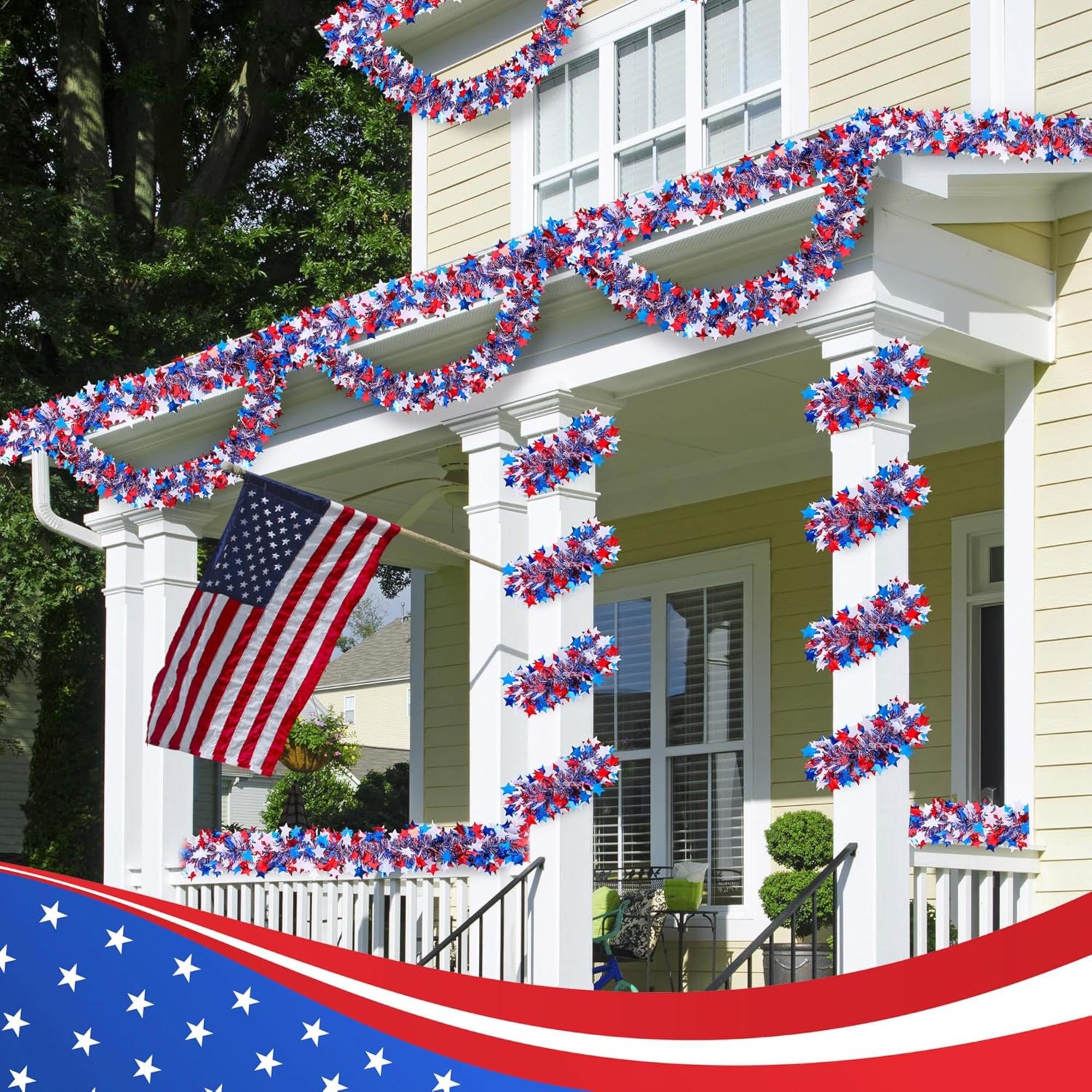 52.5Ft Patriotic Tinsel Garland Red White Blue Star Party Decoration