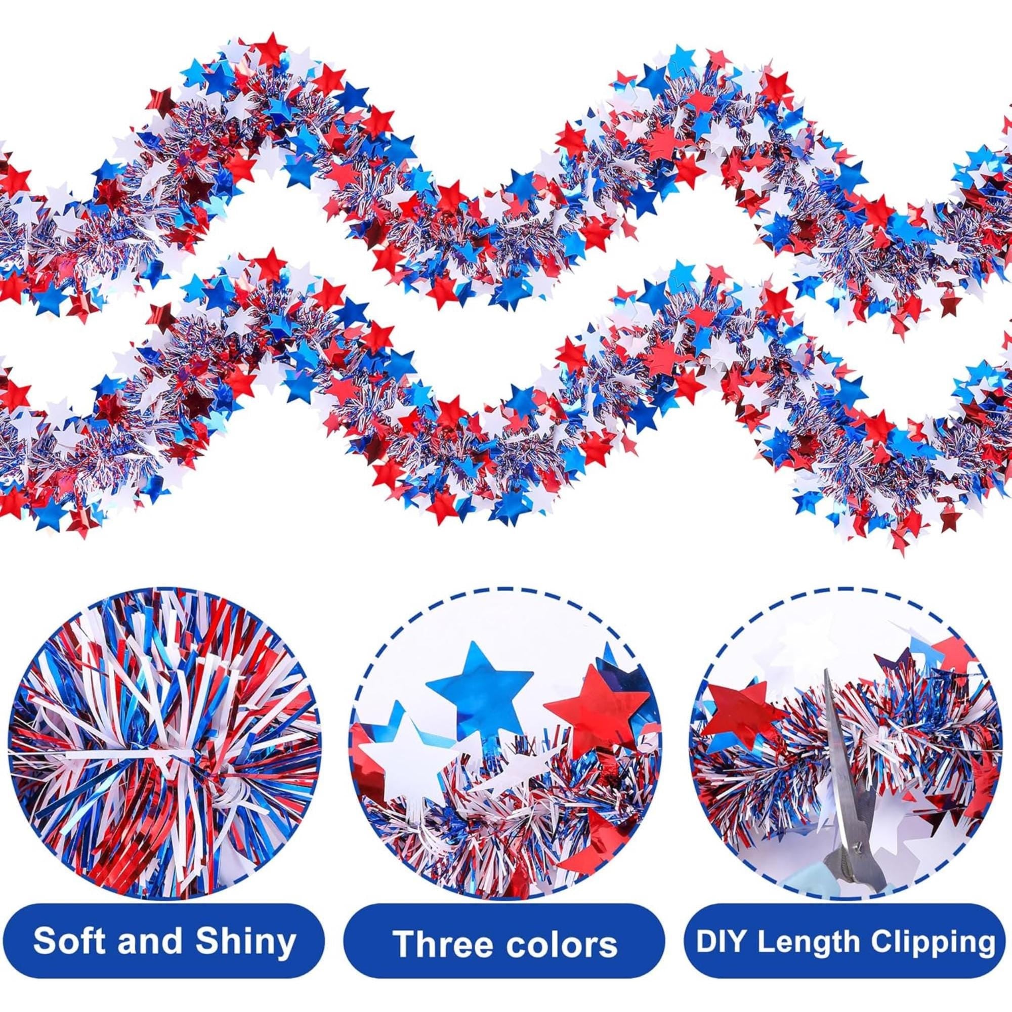 52.5Ft Patriotic Tinsel Garland Red White Blue Star Party Decoration