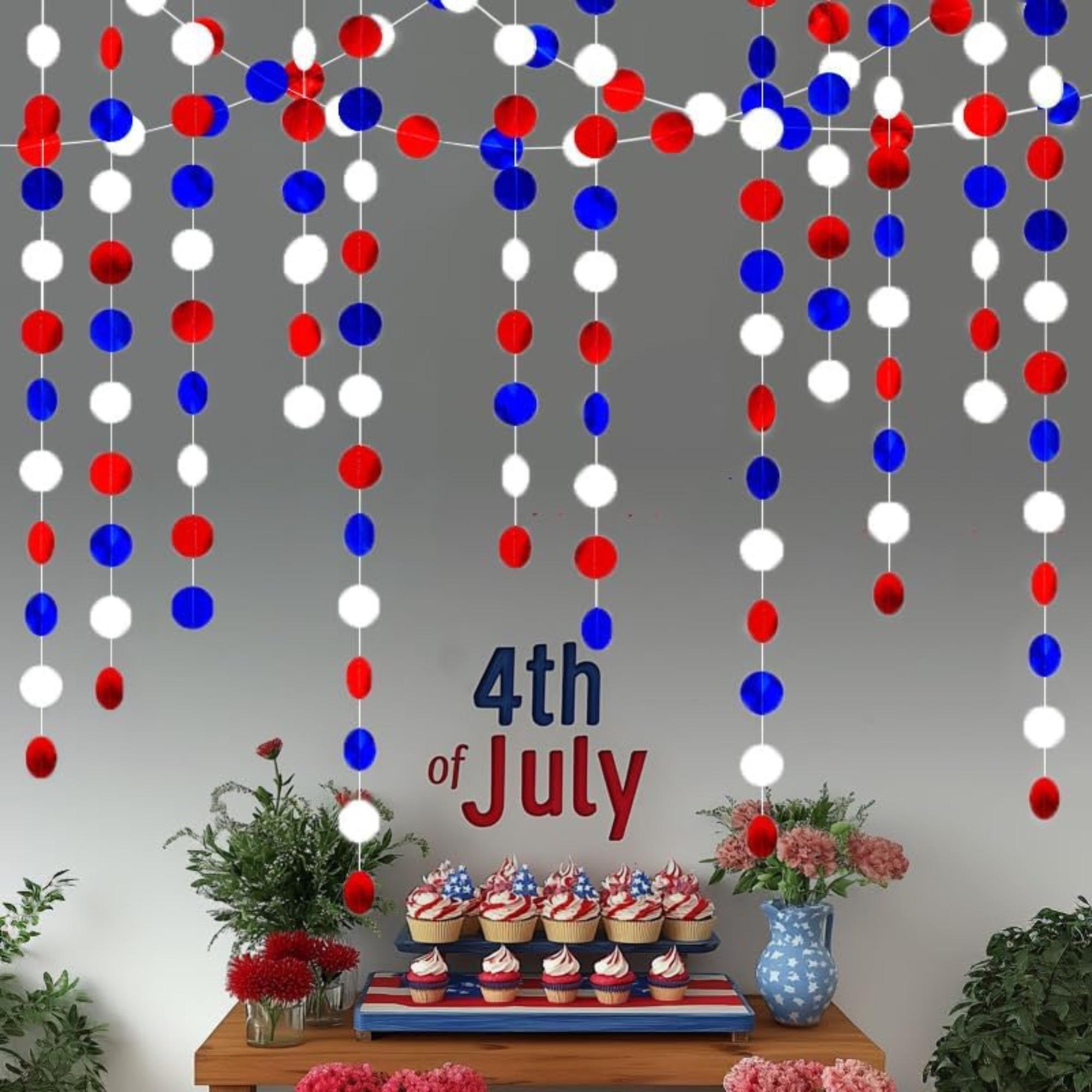 40 FT Patriotic Circle Dots Hanging Garland Red White Blue Décor