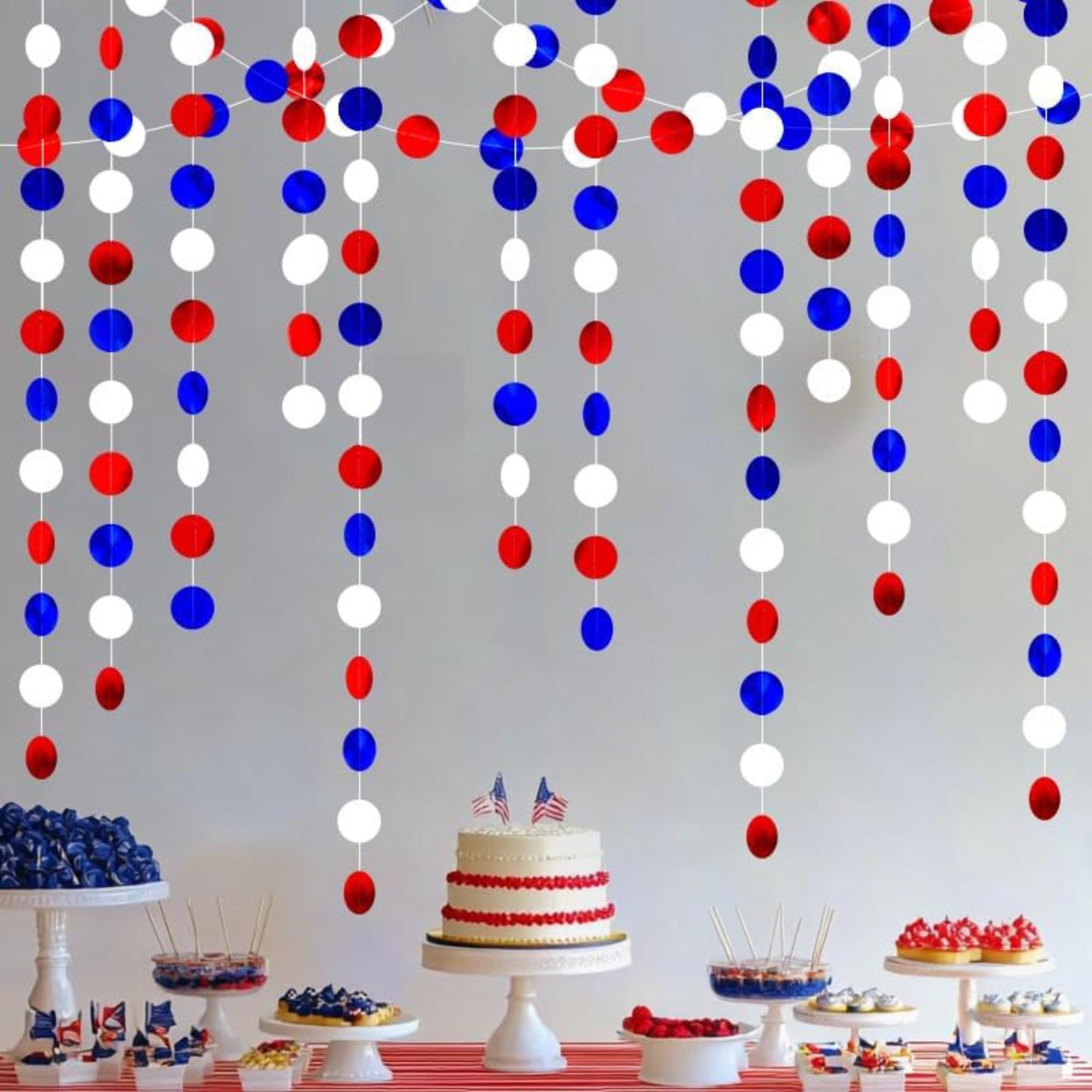 40 FT Patriotic Circle Dots Hanging Garland Red White Blue Décor