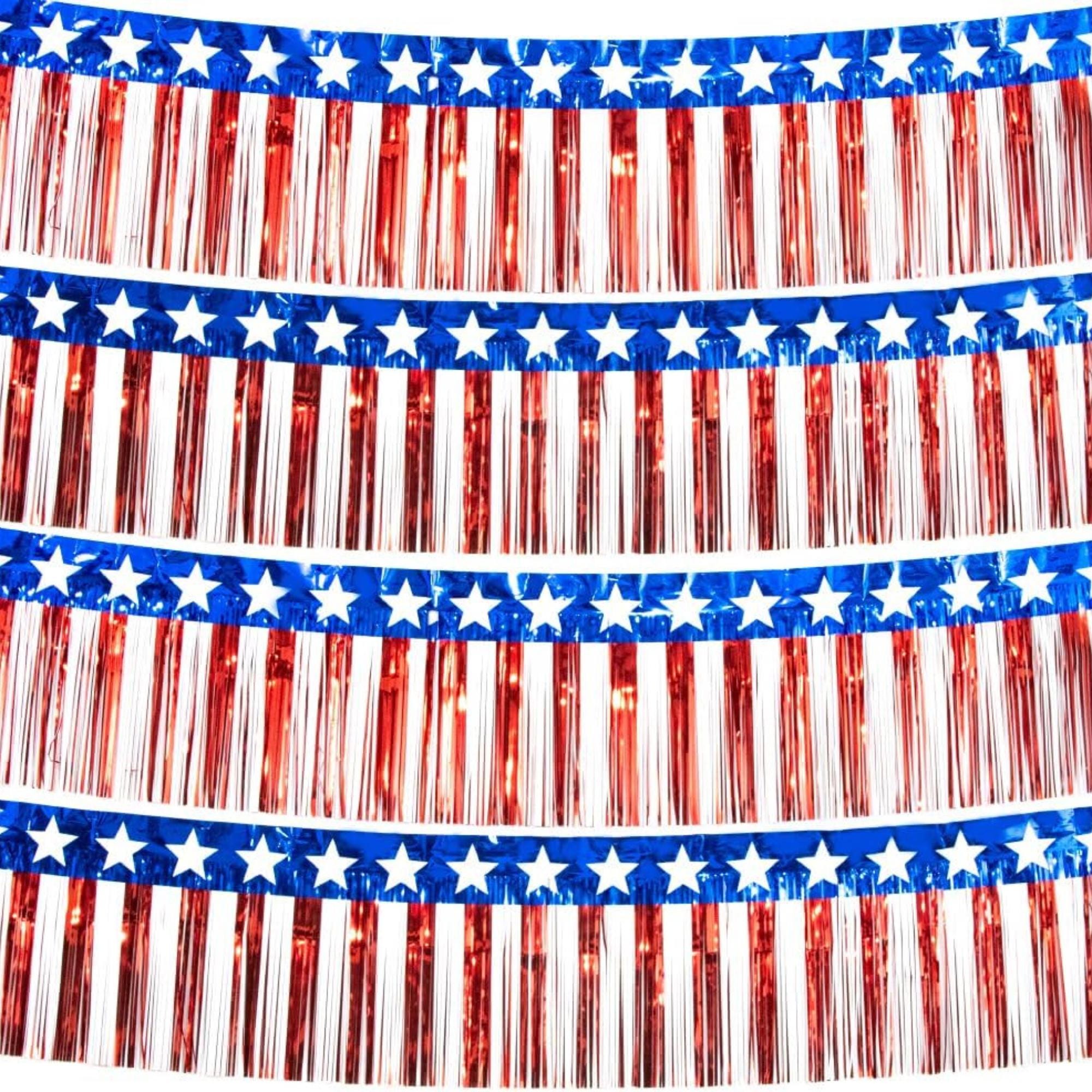 4 Pack 10FT Patriotic Foil Fringe Star Garland Red White Blue Décor