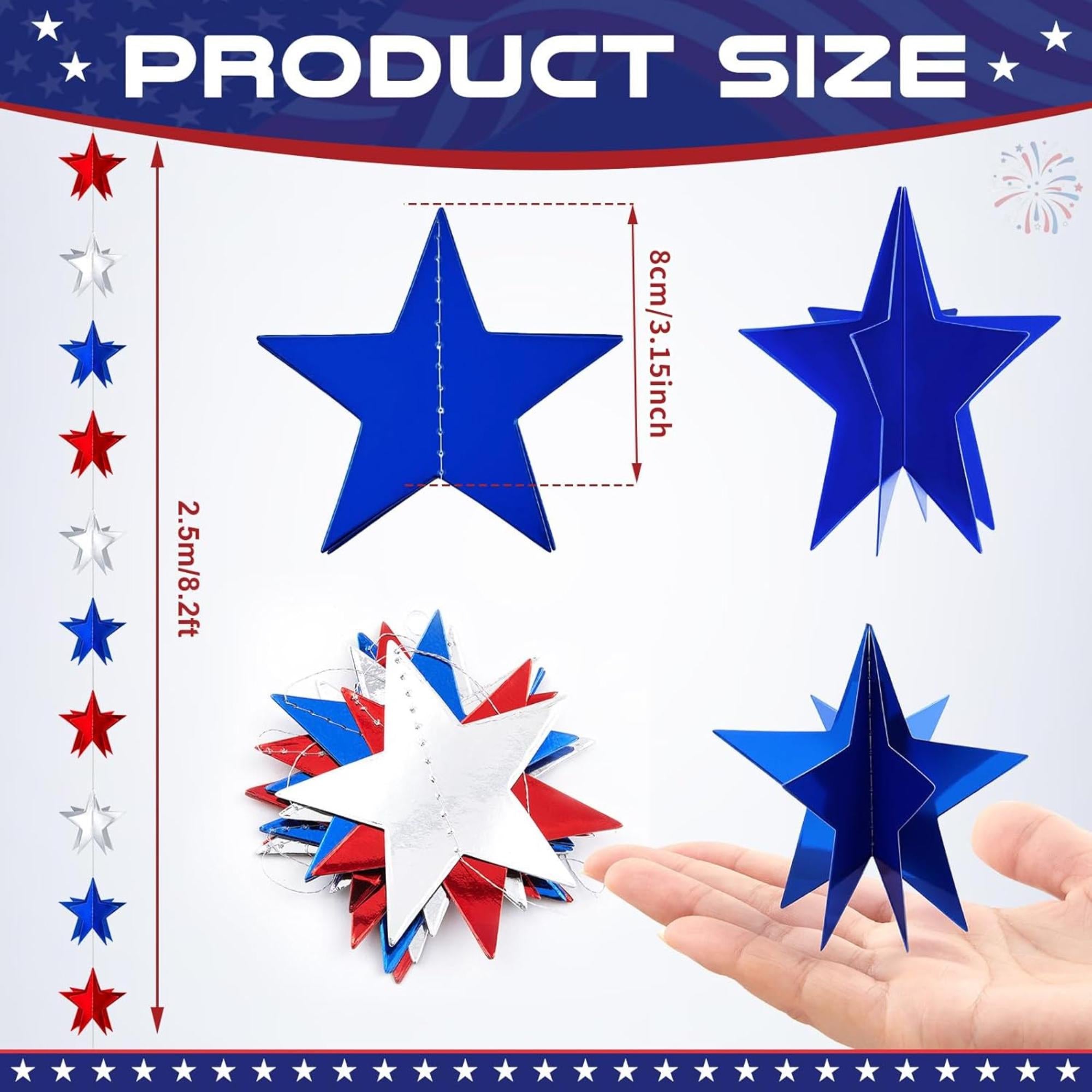 4 Pack 3D Patriotic Star Garland 32.8 FT Red White Blue Hanging Décor