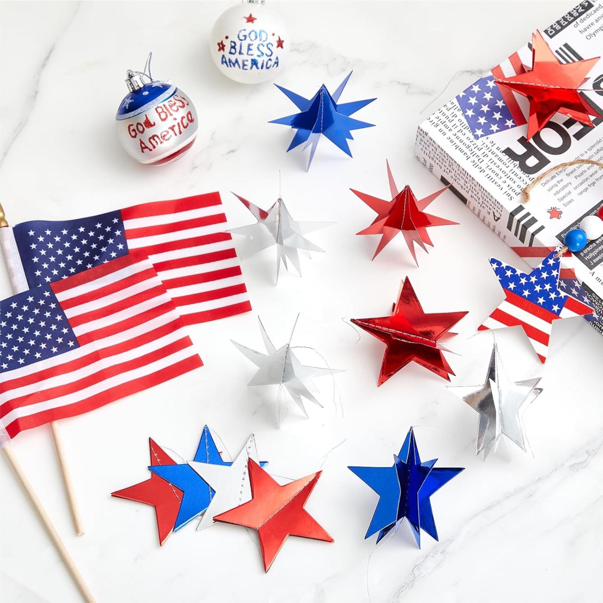4 Pack 3D Patriotic Star Garland 32.8 FT Red White Blue Hanging Décor