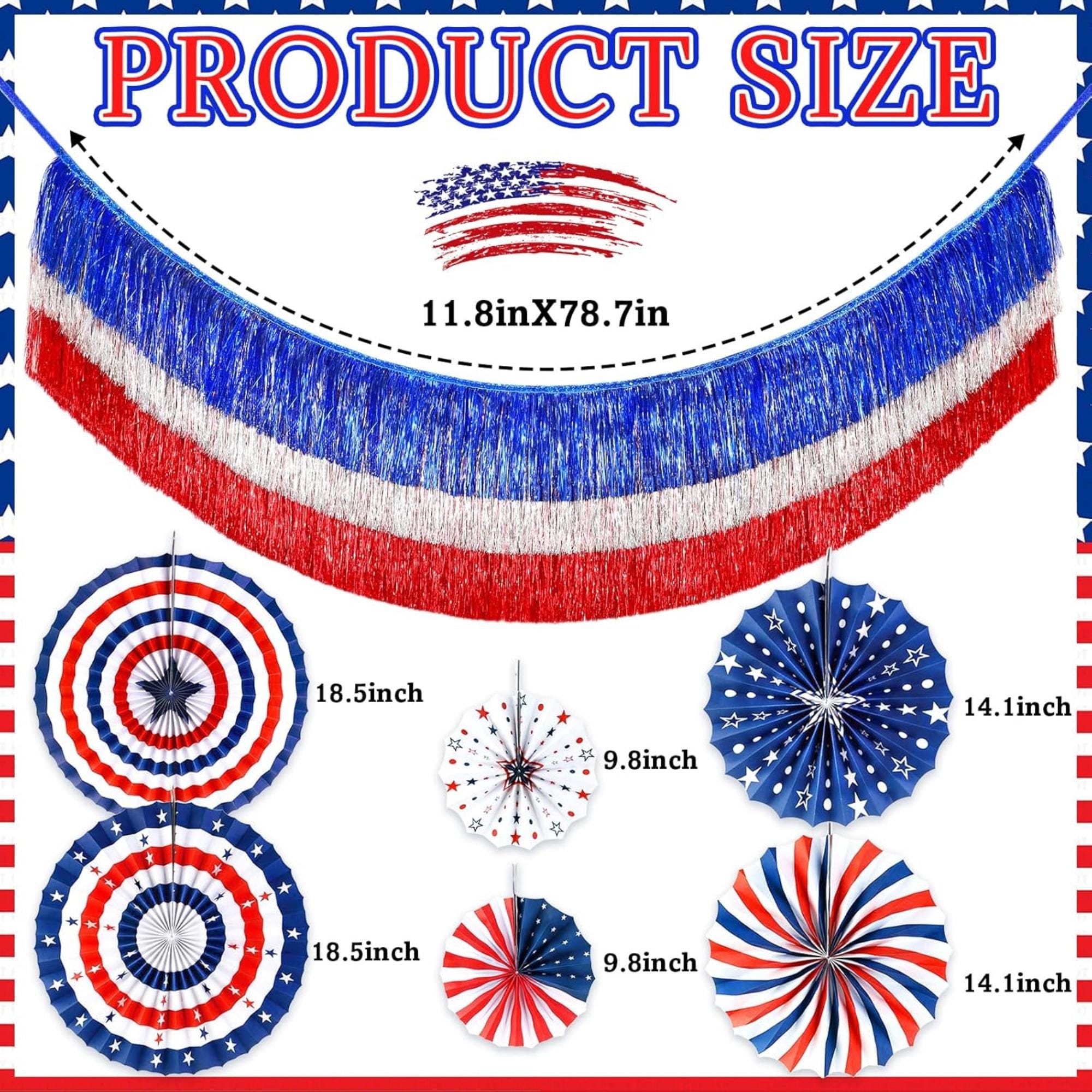 Patriotic Fringe Banner with Paper Fans Red White Blue Party Décor