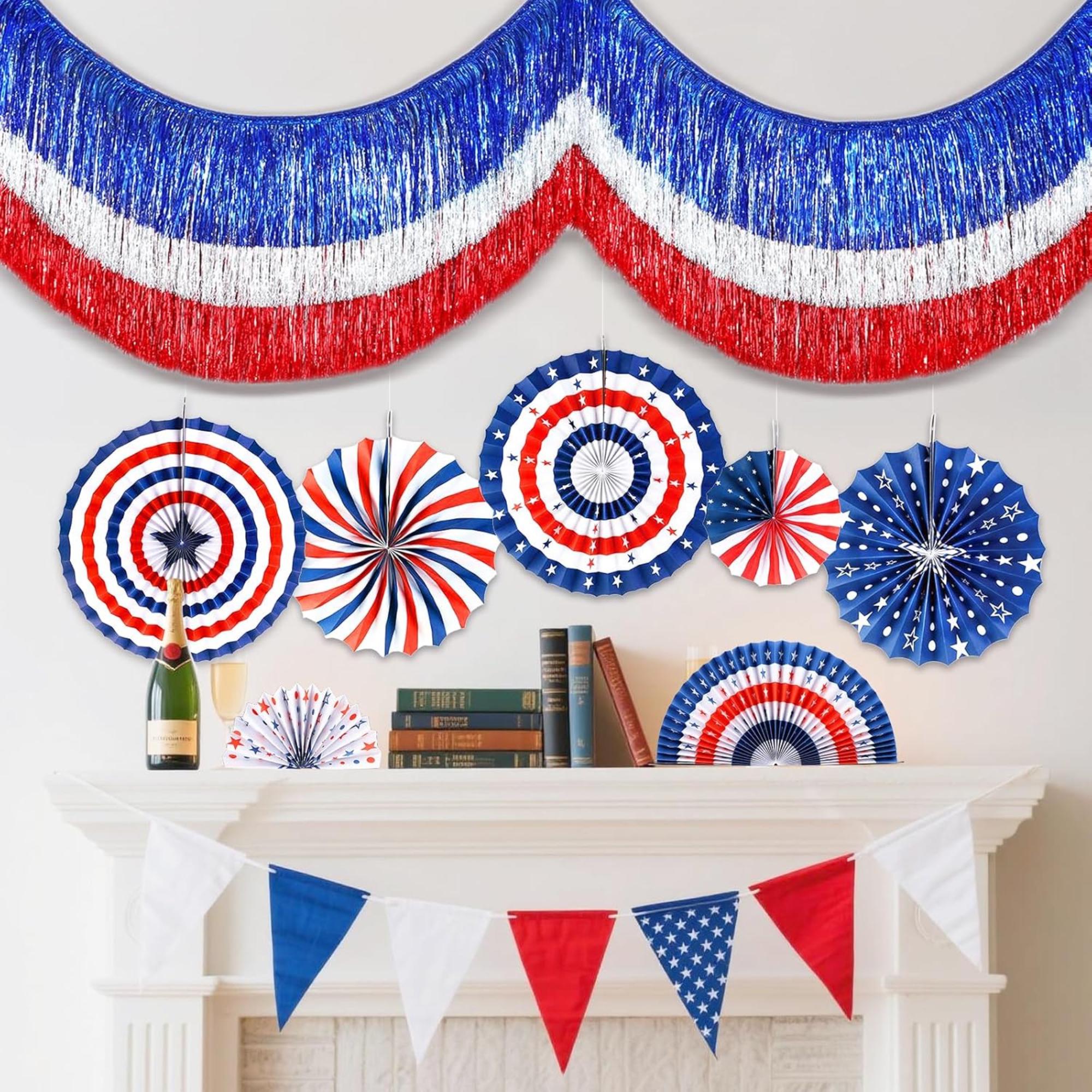 Patriotic Fringe Banner with Paper Fans Red White Blue Party Décor