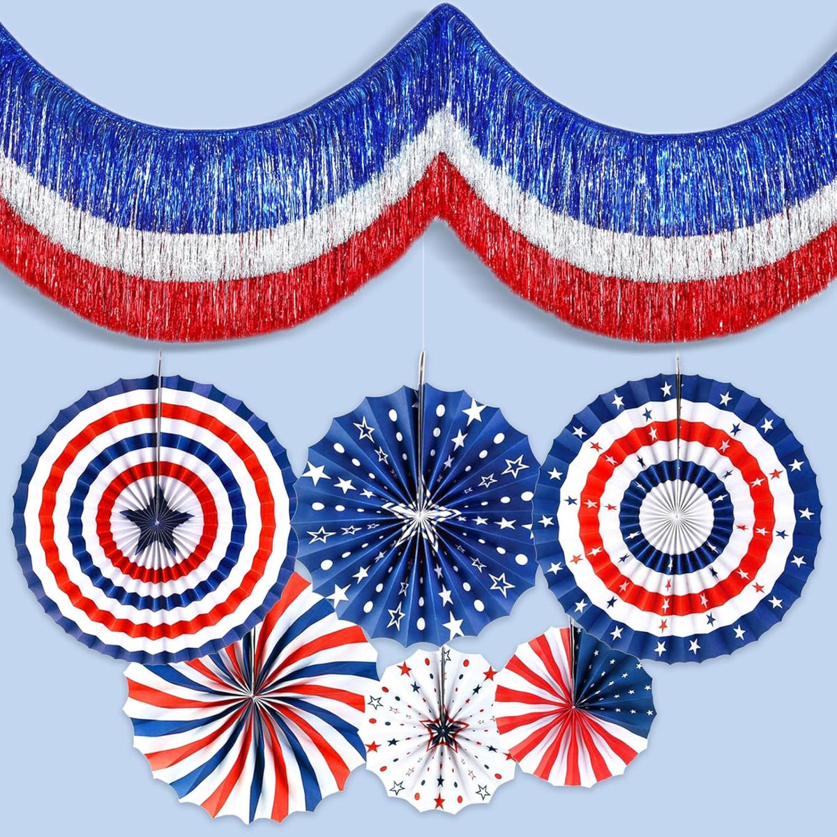 Patriotic Fringe Banner with Paper Fans Red White Blue Party Décor