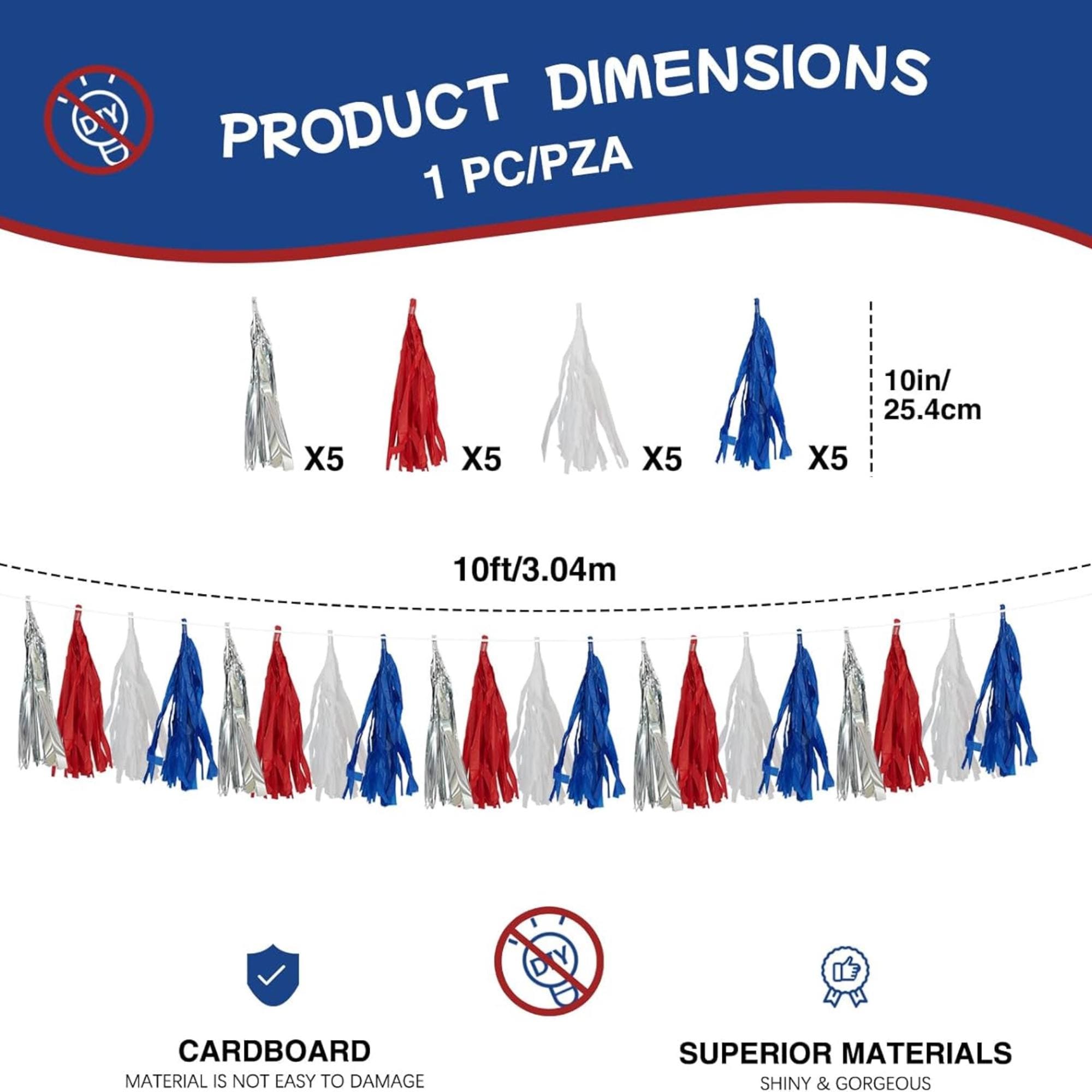 10FT Patriotic Tassel Garland Red White Blue Silver Fringe Banner