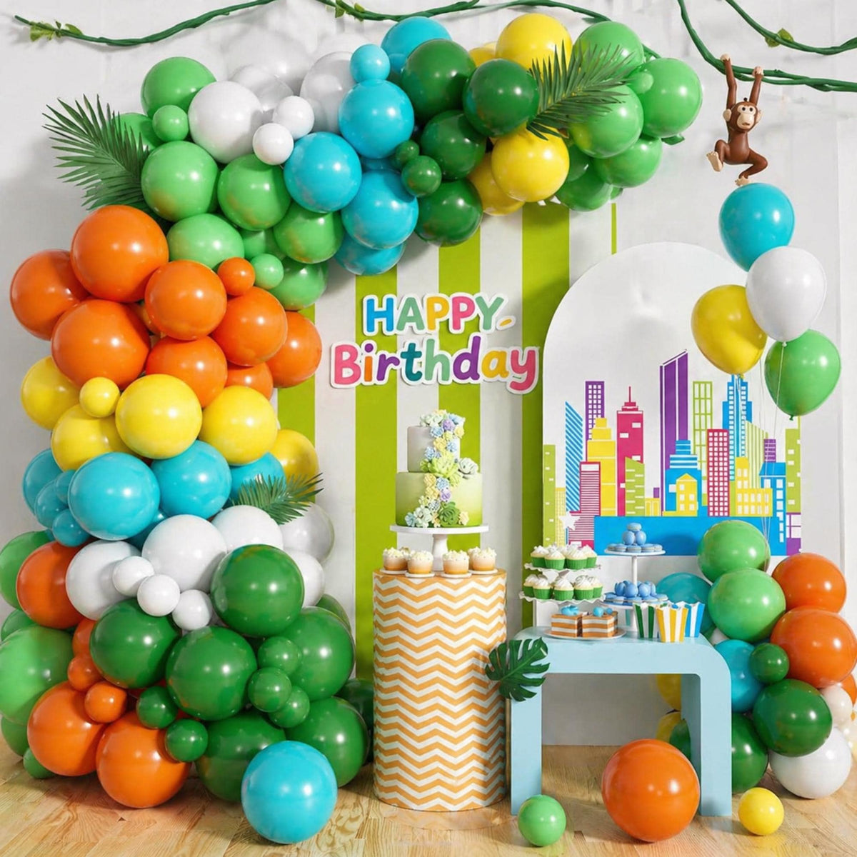 Colorful Balloon Arch Kit: Green, White, Orange, Teal, Yellow Garland