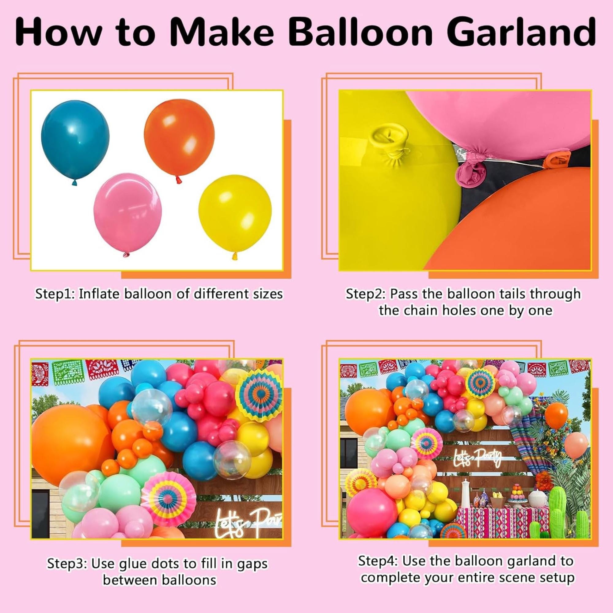 Fiesta Balloon Arch Kit: Blush Pink, Turquoise, Blue, Green, Yellow Balloons for Party