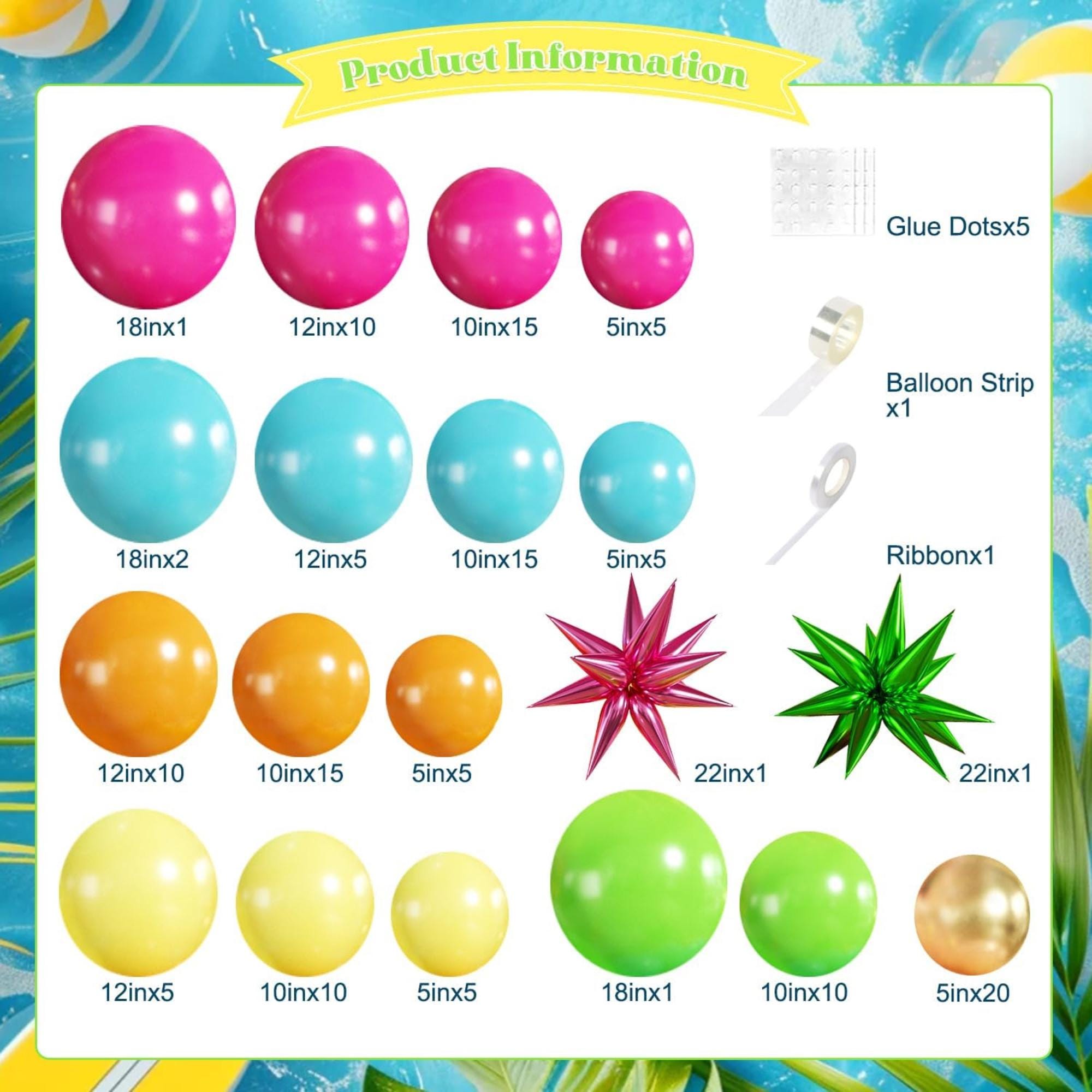 Tropical Summer Balloon Arch Kit: Orange, Pink, Yellow, Blue, Green, Gold Balloons, Foil Star