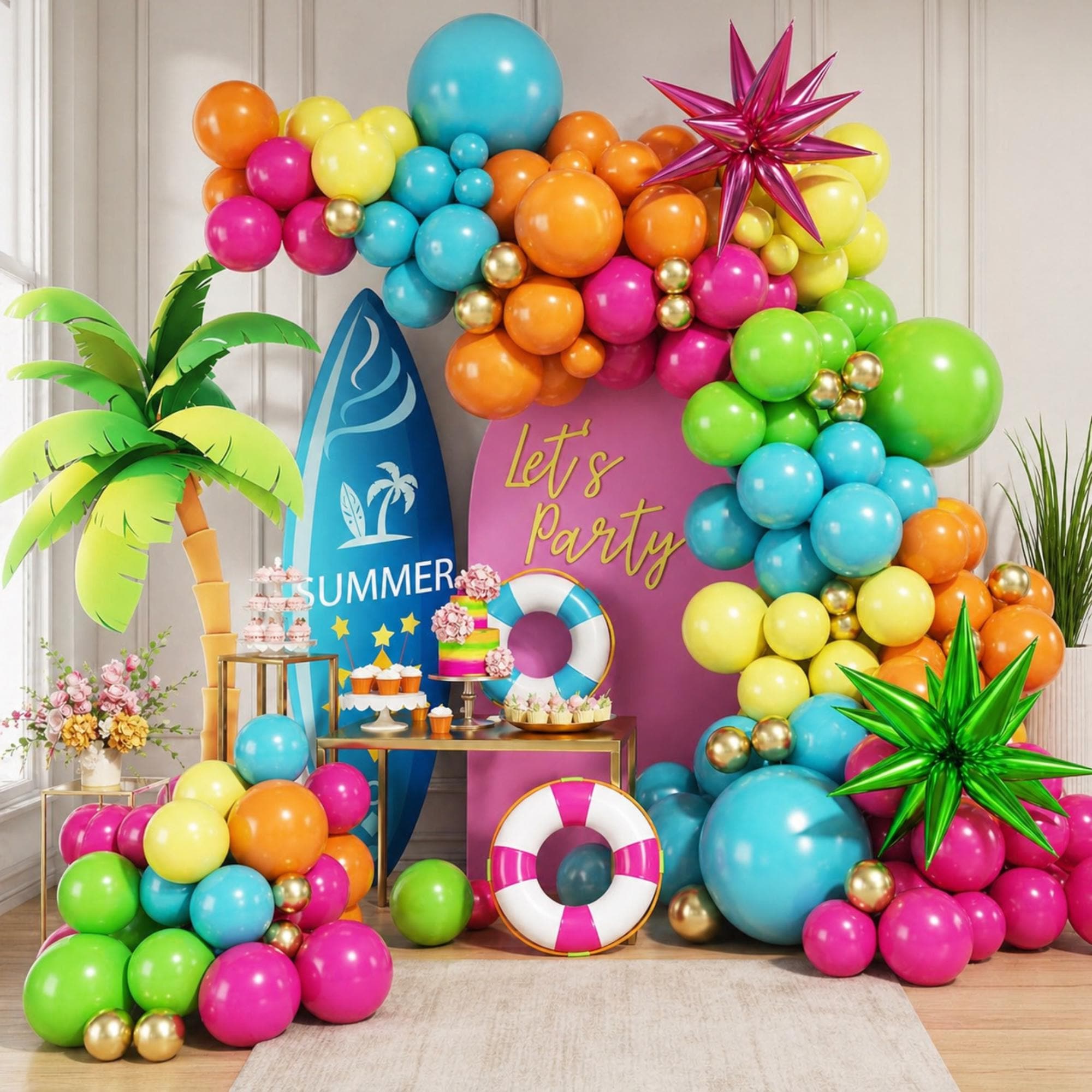 Tropical Summer Balloon Arch Kit: Orange, Pink, Yellow, Blue, Green, Gold Balloons, Foil Star