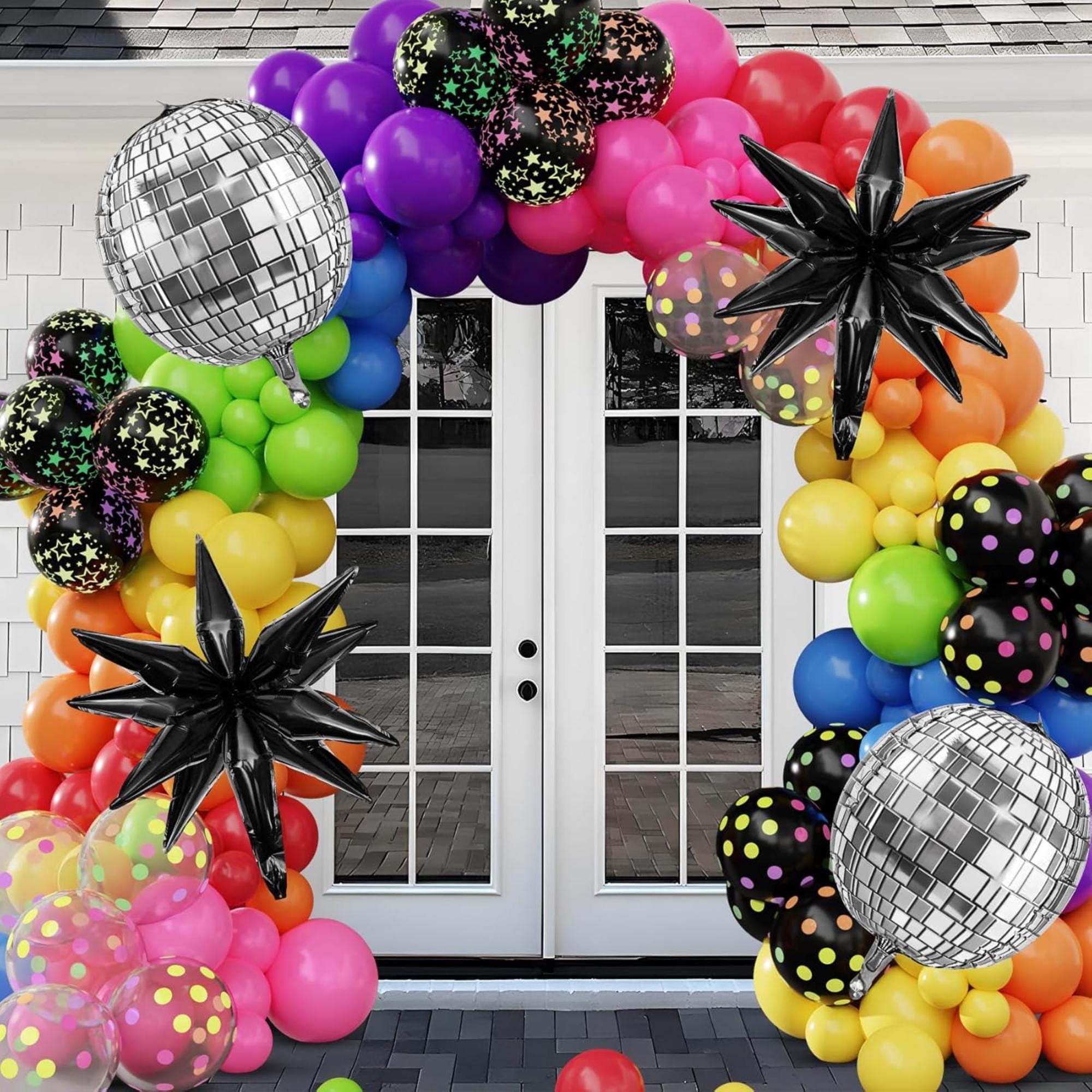 80s Disco Balloon Arch Kit: UV Neon Star Balloons, Rainbow Garland for Parties