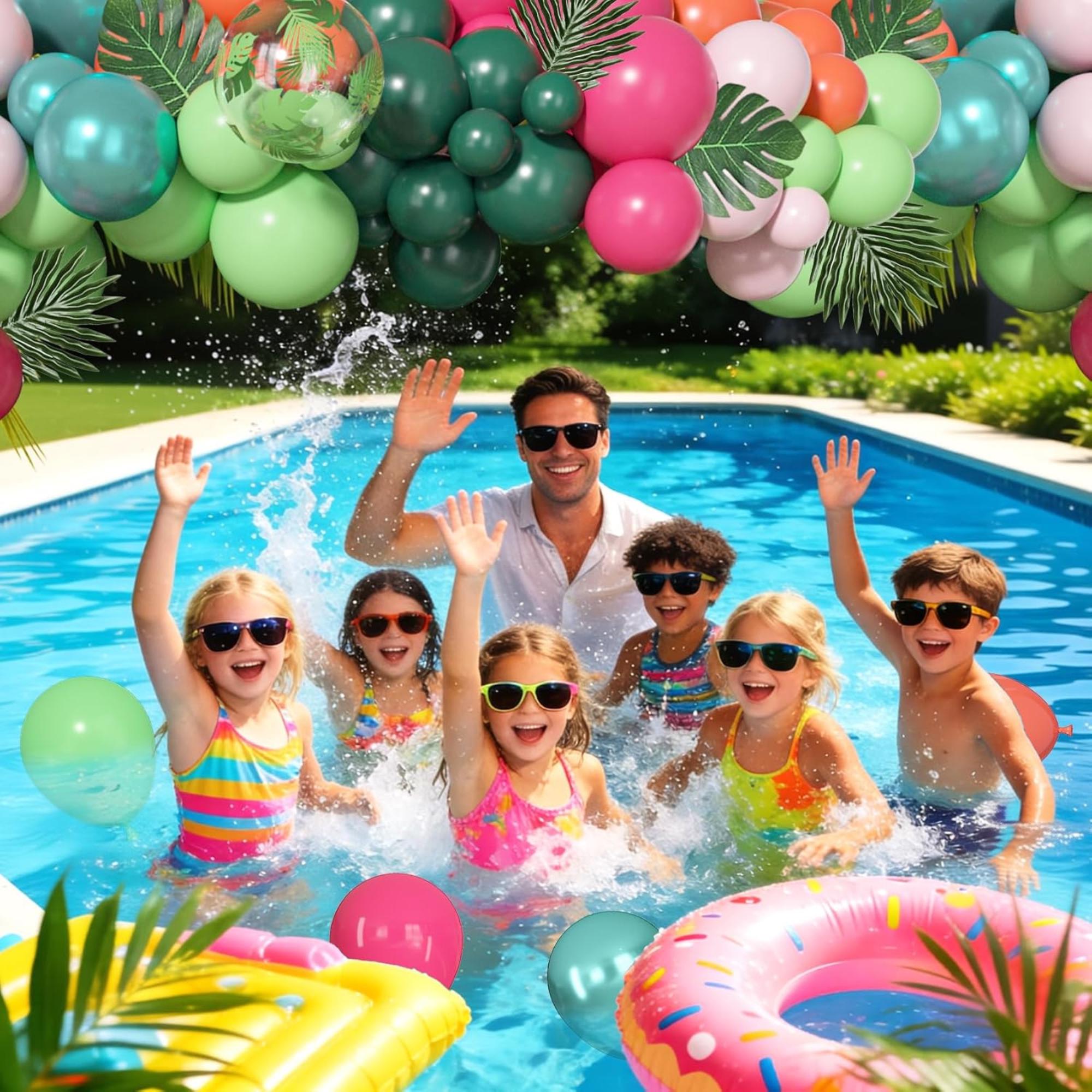 Tropical Luau Balloon Arch Garland Kit: Hot Pink, Green, Orange, Palm Leaves, Flamingo Accents