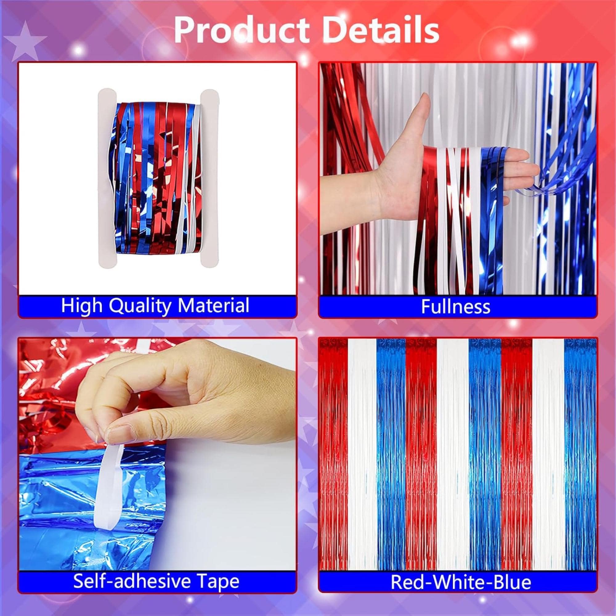 3 Pack Patriotic Foil Fringe Curtains Red White Blue Photo Backdrop