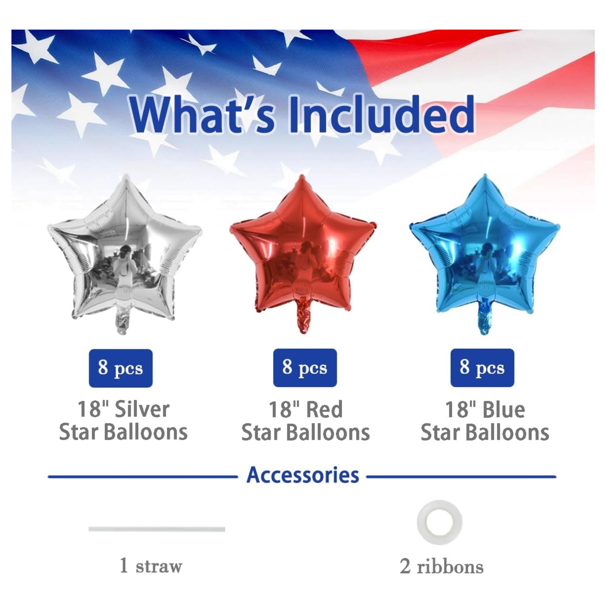 24 Pcs 18 Inch Patriotic Star Foil Balloons Red Blue Silver Décor