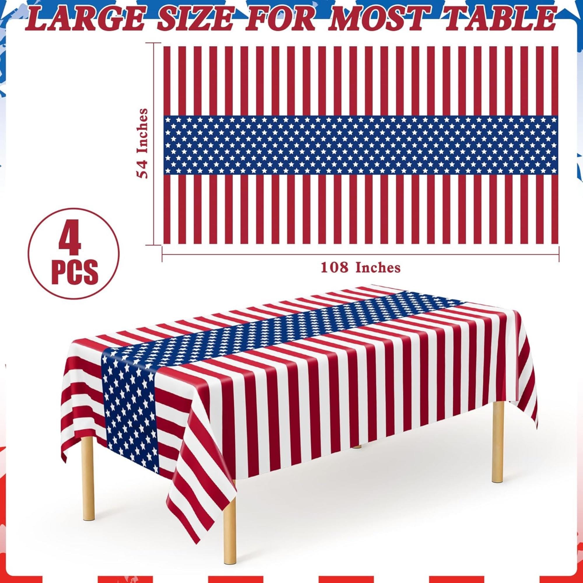 4 Pack Patriotic Tablecloth 108x54 Red White Blue Plastic Table Cover
