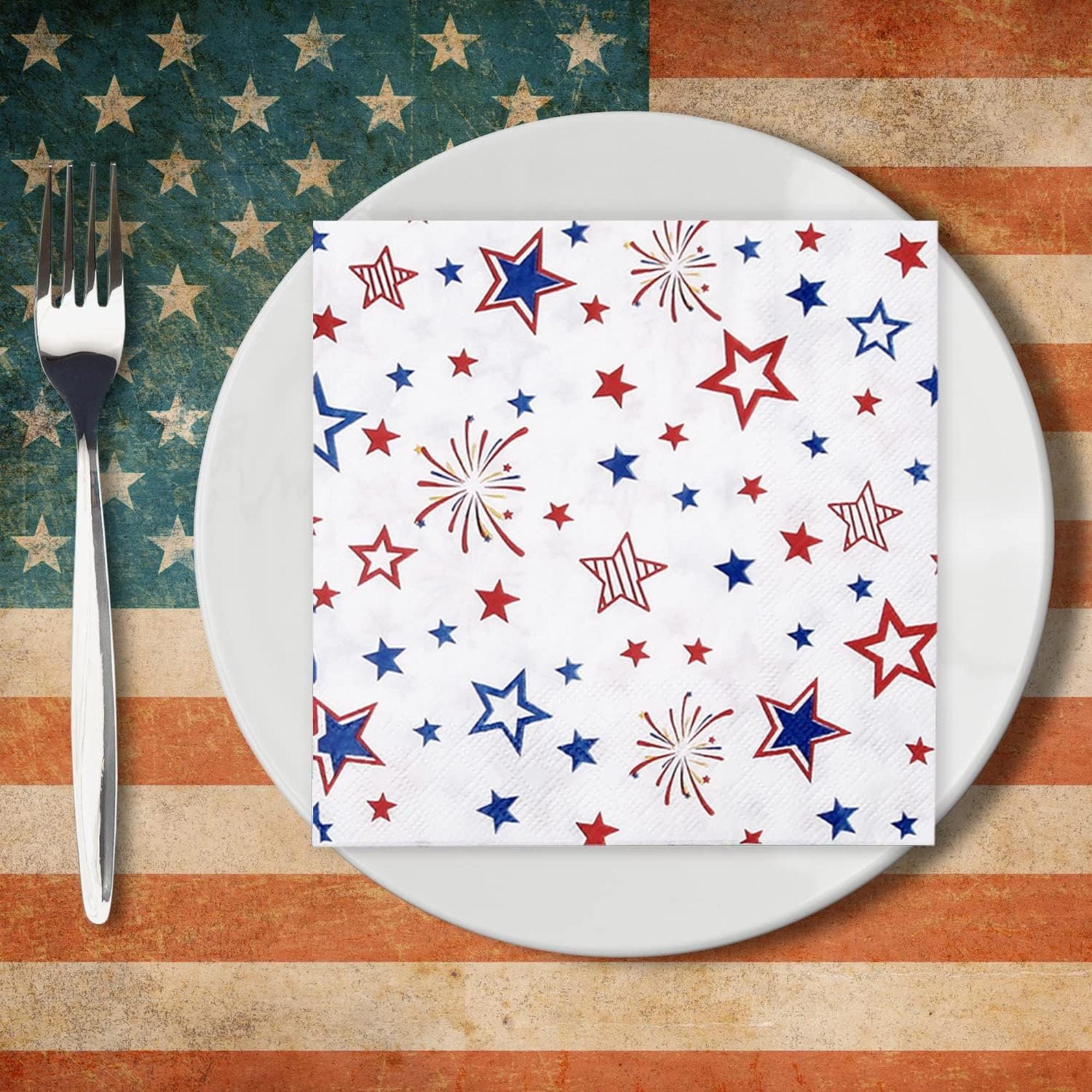 50 Pack Patriotic Paper Napkins Stars Firework Red White Blue