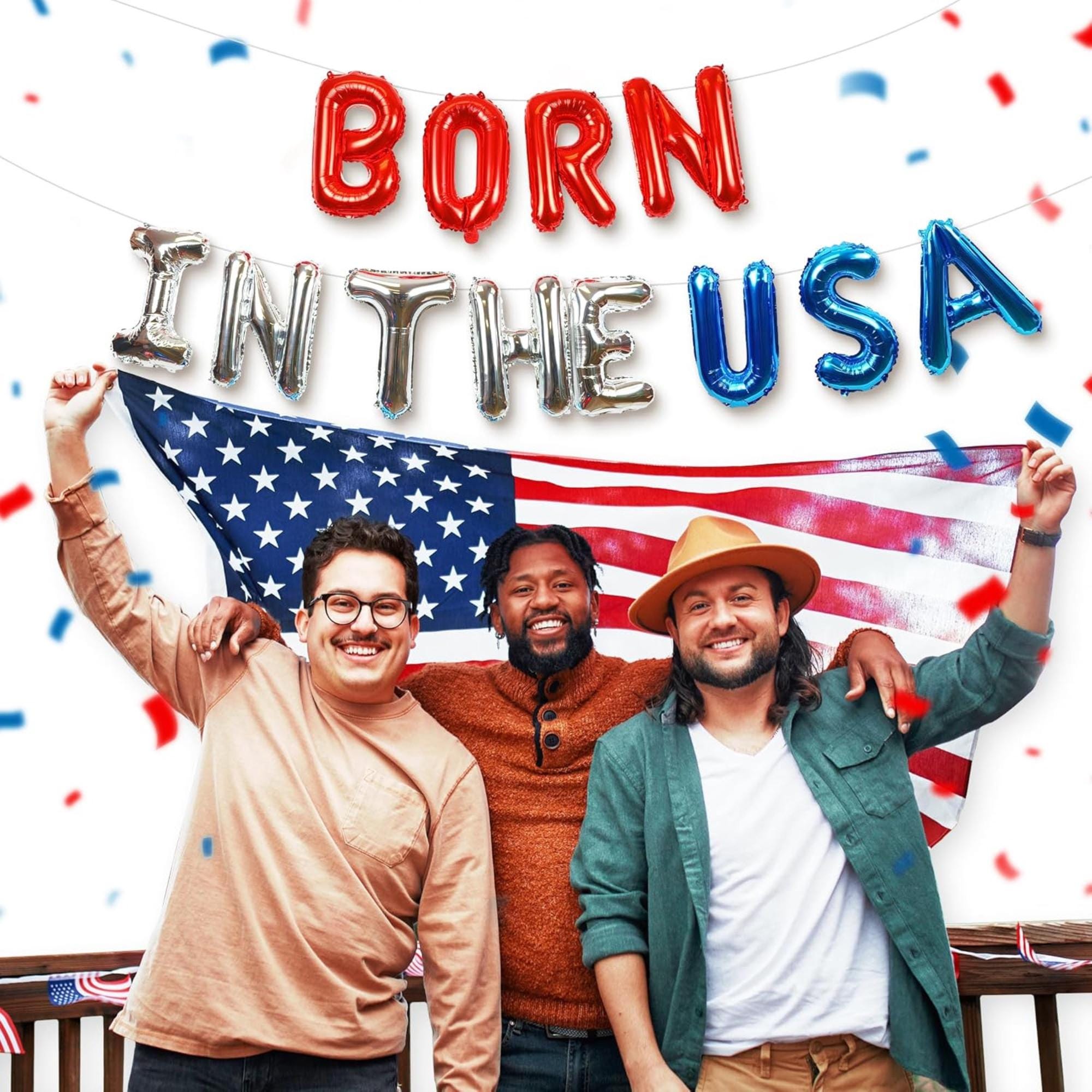 Born in the USA Balloon Banner Red Silver Blue Patriotic Party Decor