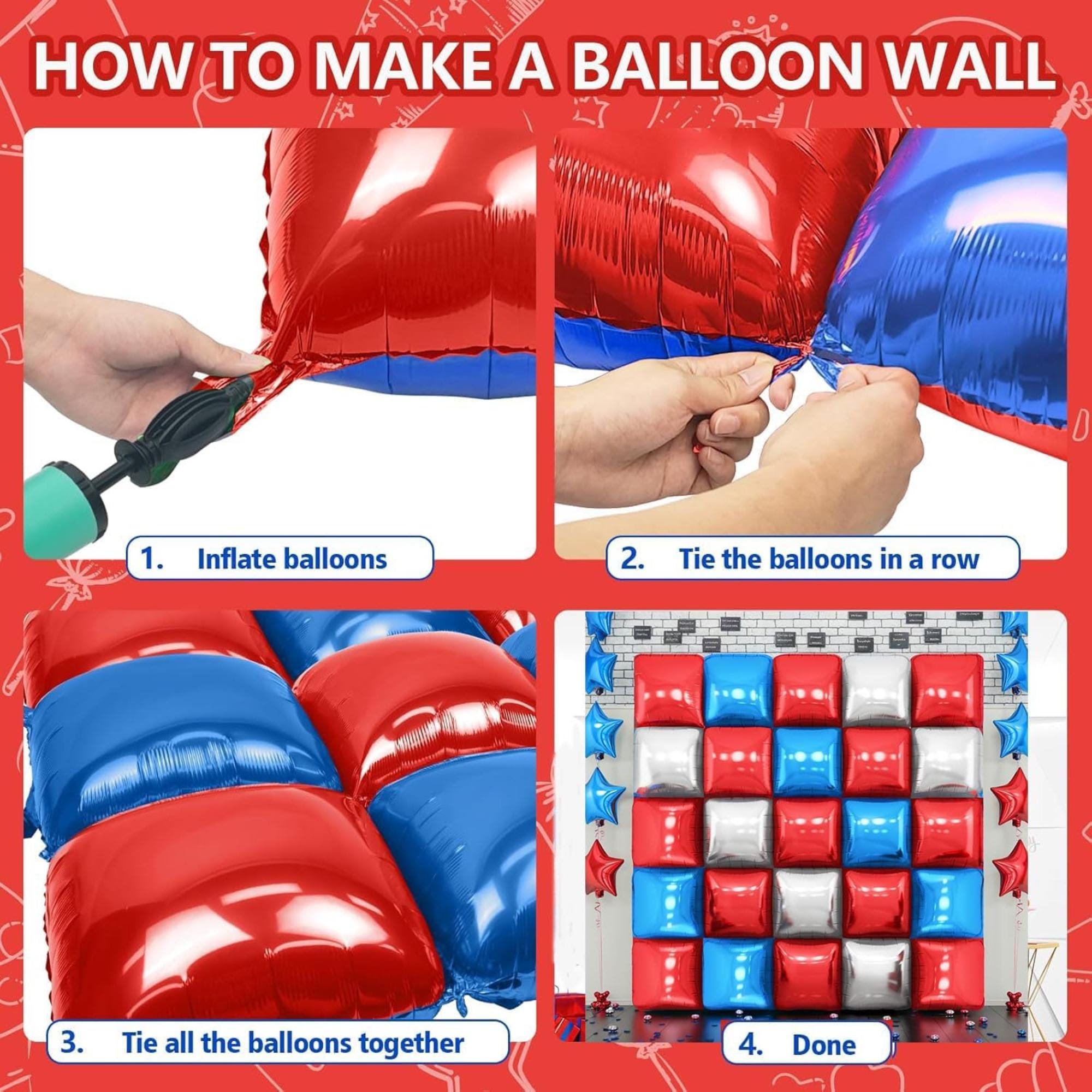 37 Pcs Patriotic Balloon Wall Kit Red White Blue Flag Star Décor