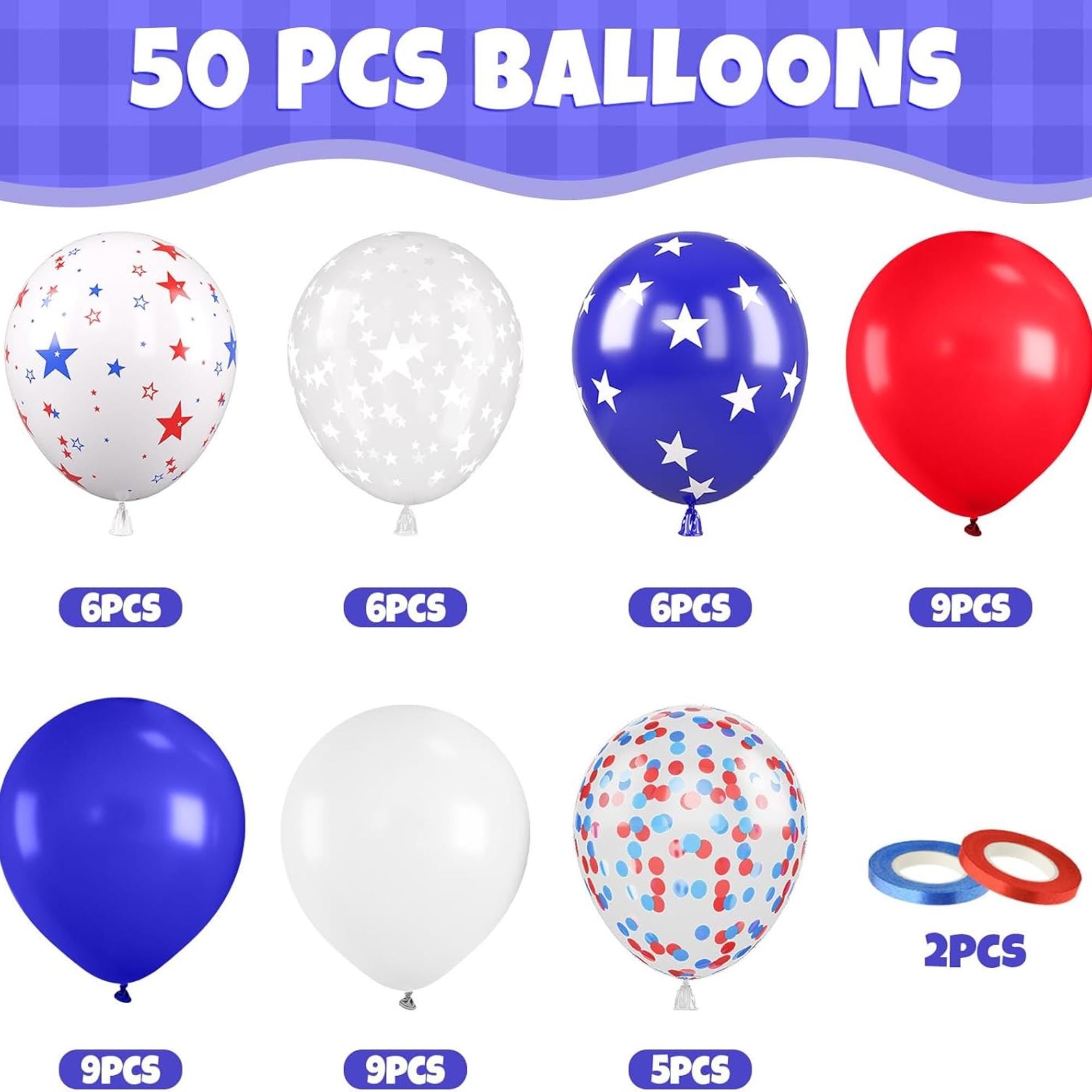 50 Pcs Patriotic Latex Balloons Red Blue Star Confetti Party Decor