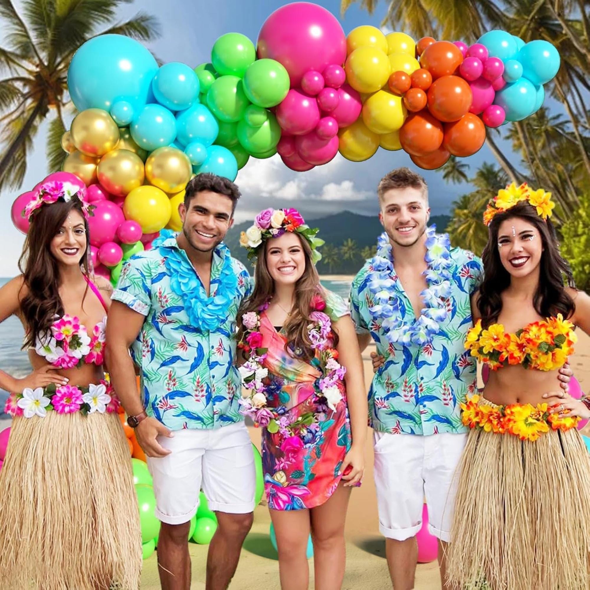 Flamingo Tropical Balloon Arch Garland Kit: Hot Pink, Green, Orange, Teal, Gold Foil Balloons