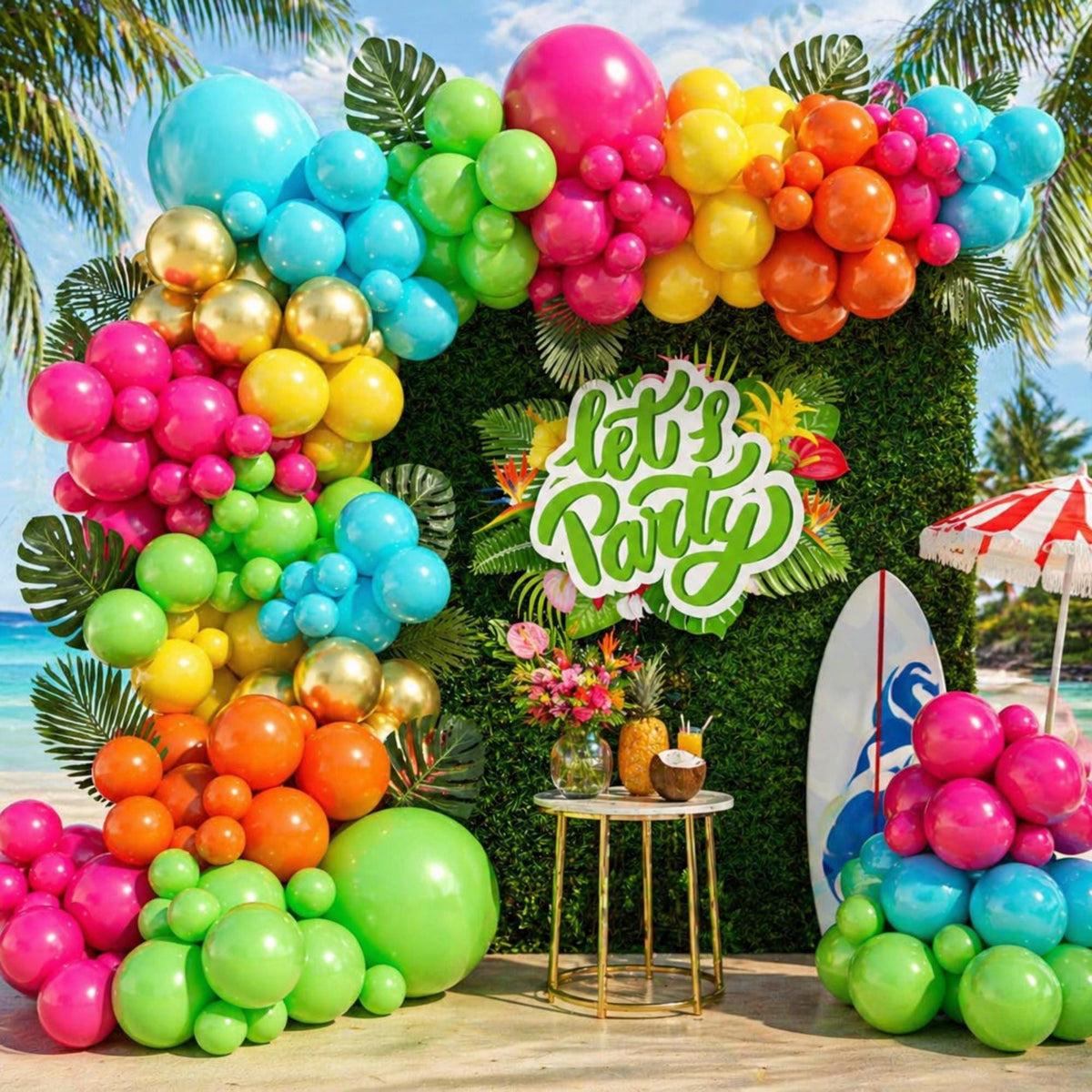 Flamingo Tropical Balloon Arch Garland Kit: Hot Pink, Green, Orange, Teal, Gold Foil Balloons