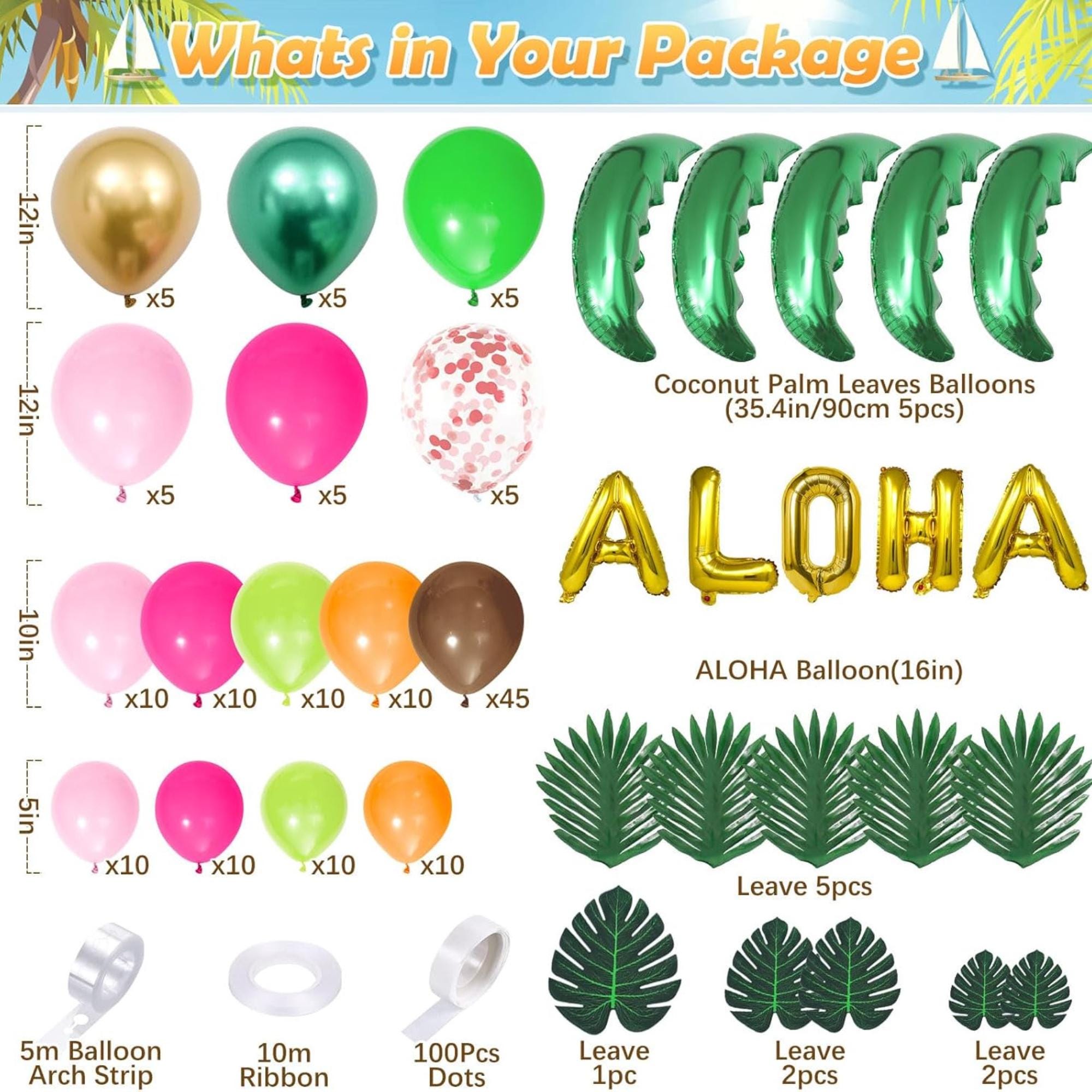 Tropical Luau Balloon Arch Garland Kit, Coconut Tree, Aloha Foil Balloons, Palm Leaves