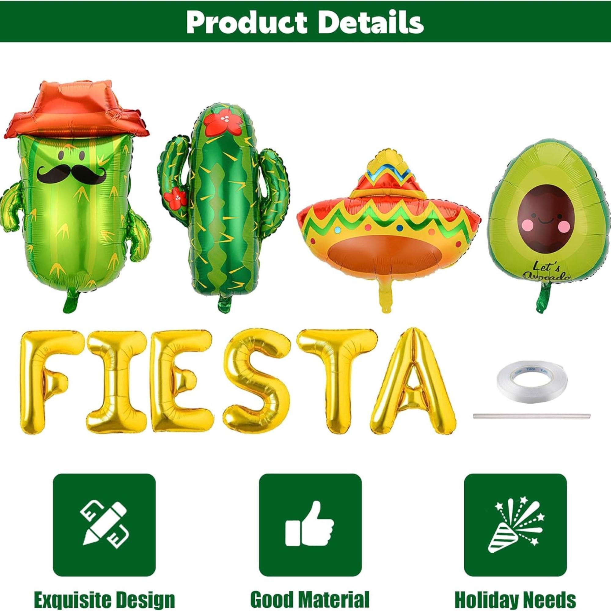 Mexican Fiesta Foil Balloons: Taco, Cactus, Avocado, Sombrero Party Decorations