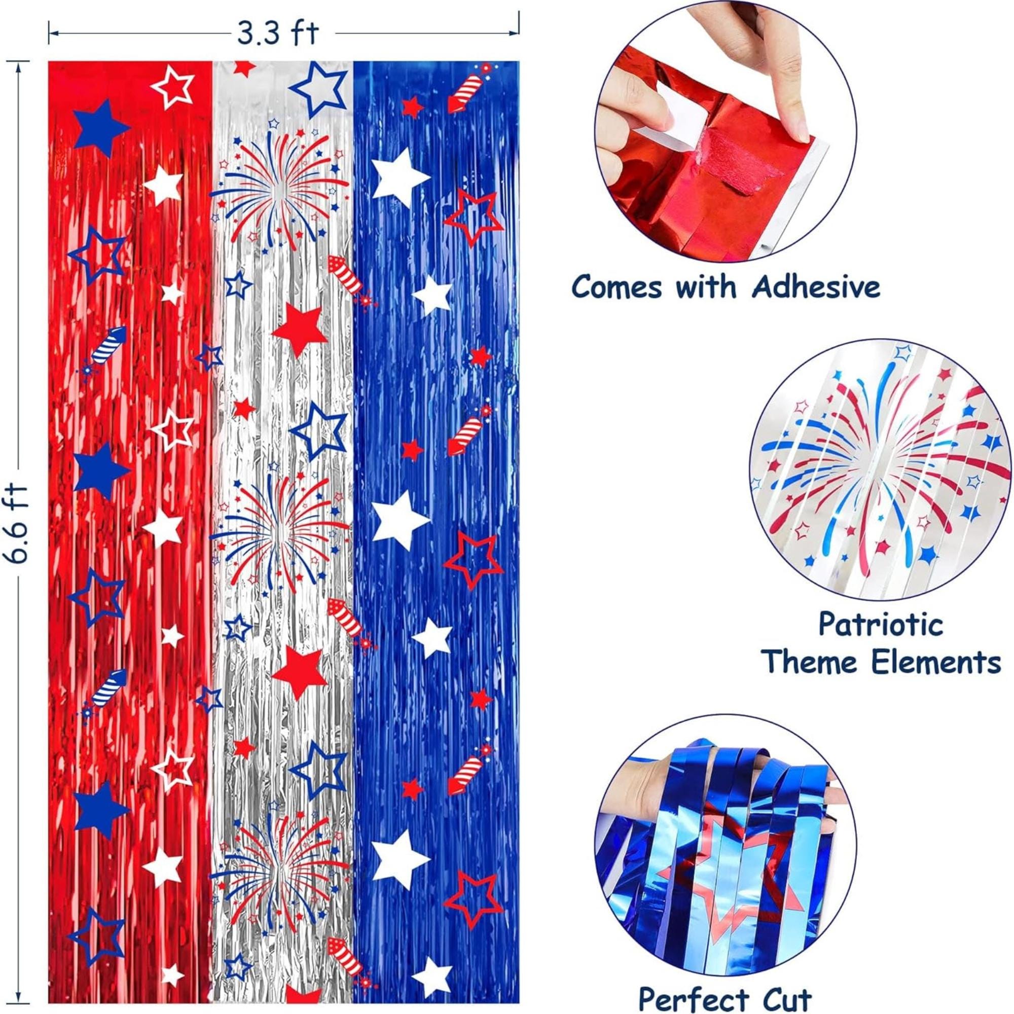 2 Pack Patriotic Foil Fringe Curtains Red White Blue Backdrop