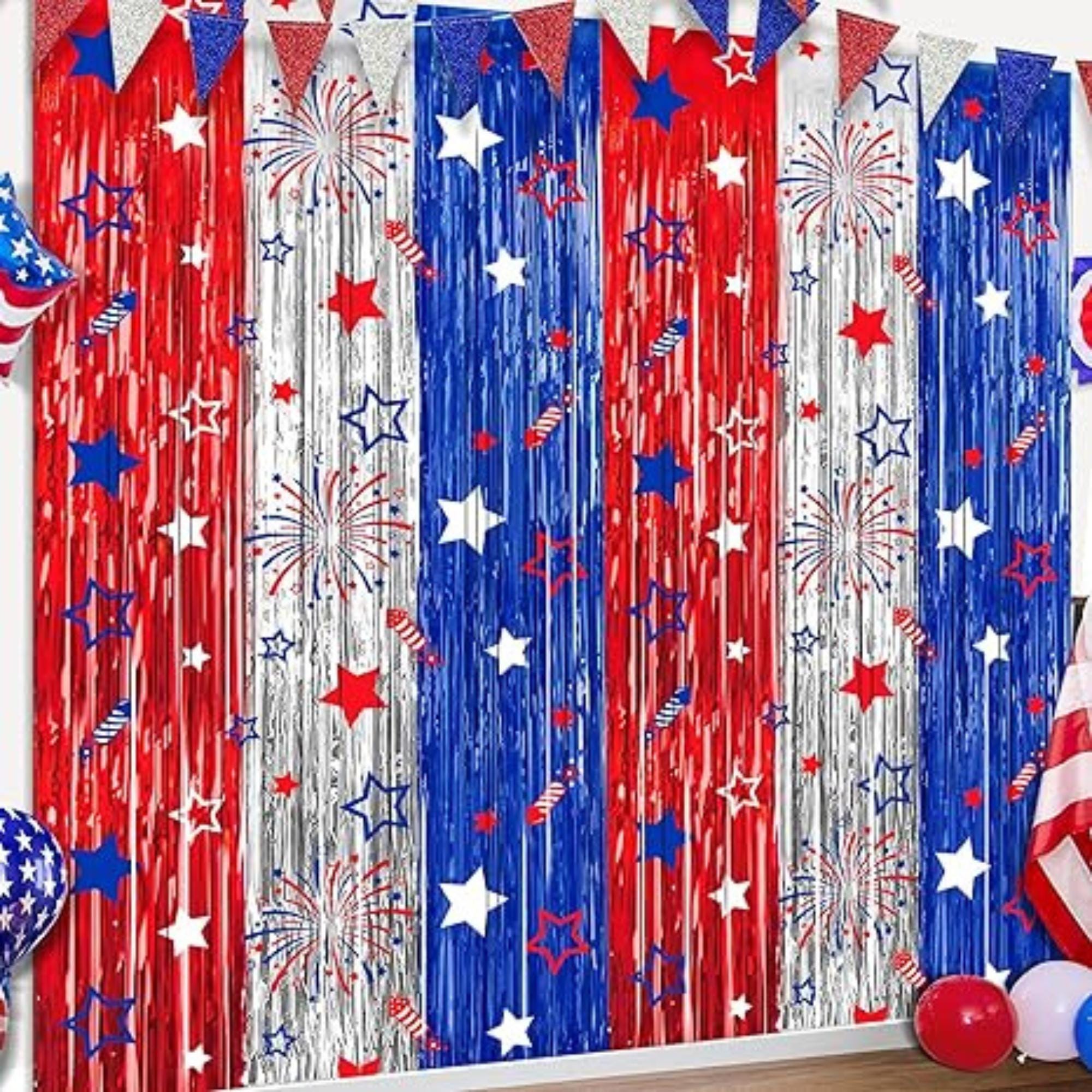 2 Pack Patriotic Foil Fringe Curtains Red White Blue Backdrop