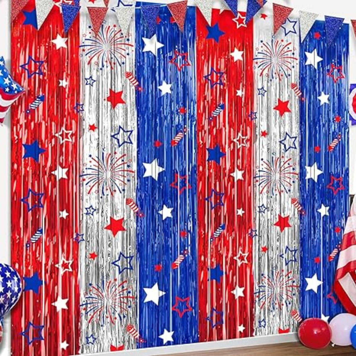 2 Pack Patriotic Foil Fringe Curtains Red White Blue Backdrop