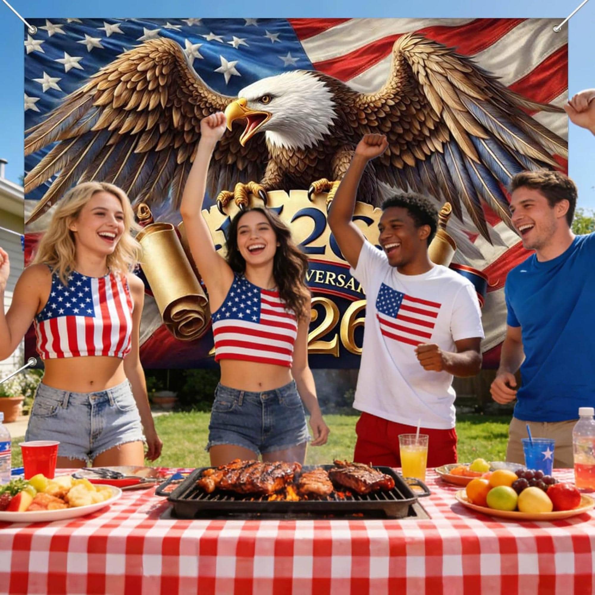 250th Anniversary Patriotic Backdrop Banner 1776–2026 Eagle USA Flag
