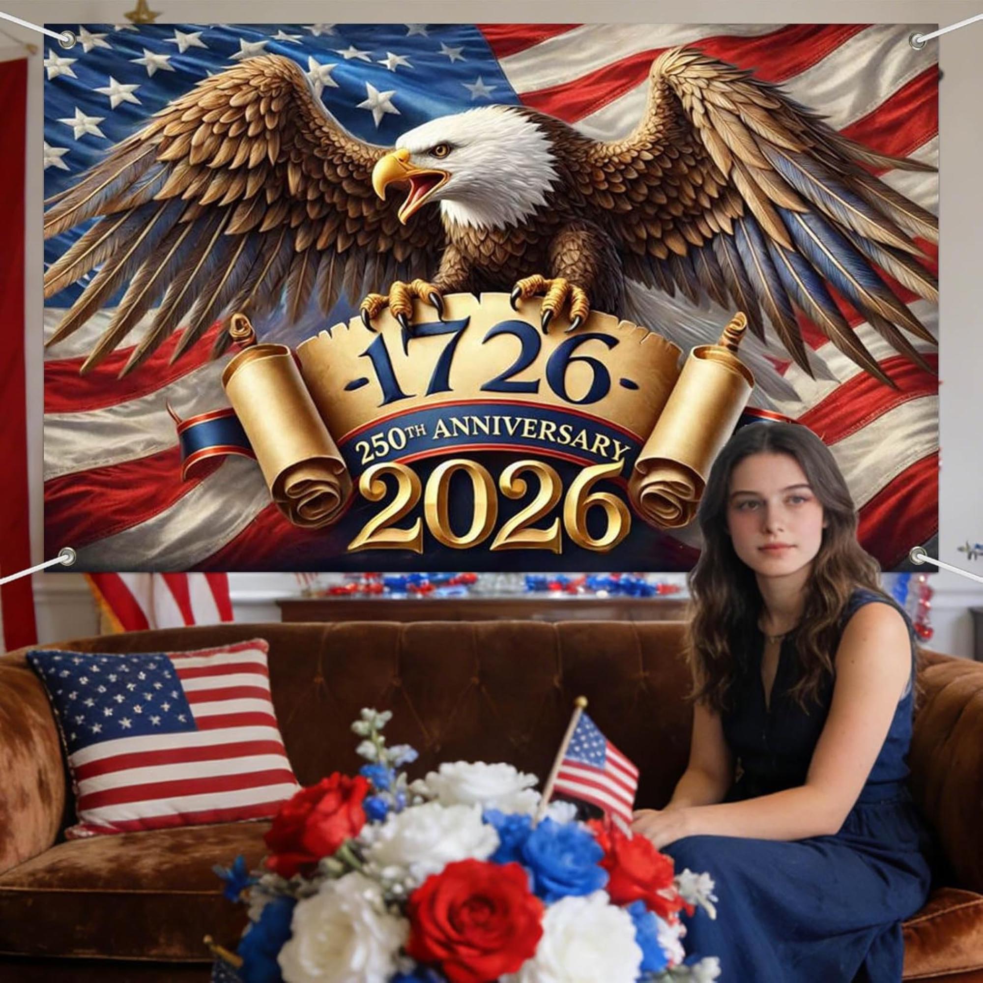 250th Anniversary Patriotic Backdrop Banner 1776–2026 Eagle USA Flag