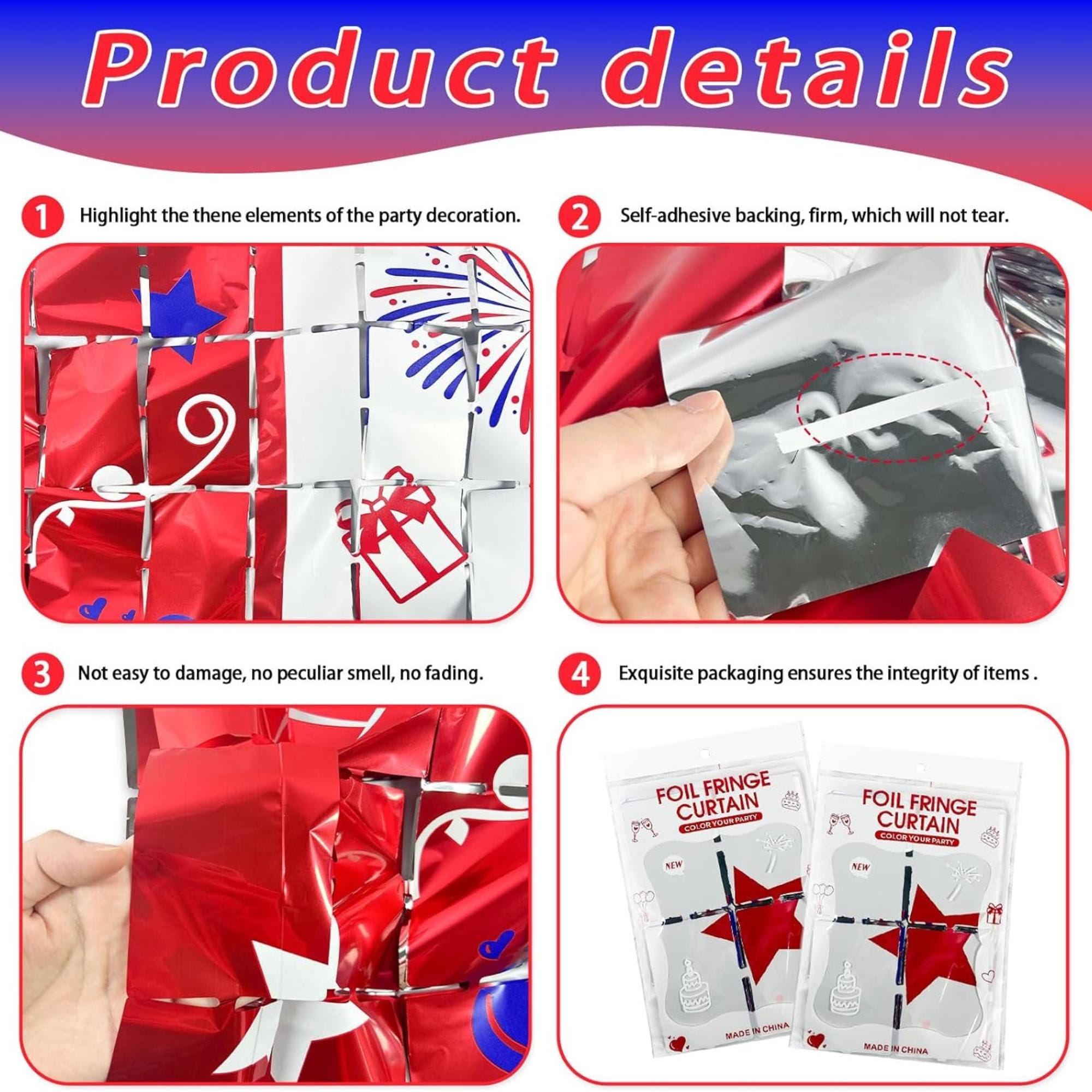 2 Pack Red White Blue Foil Fringe Curtains Patriotic Backdrop