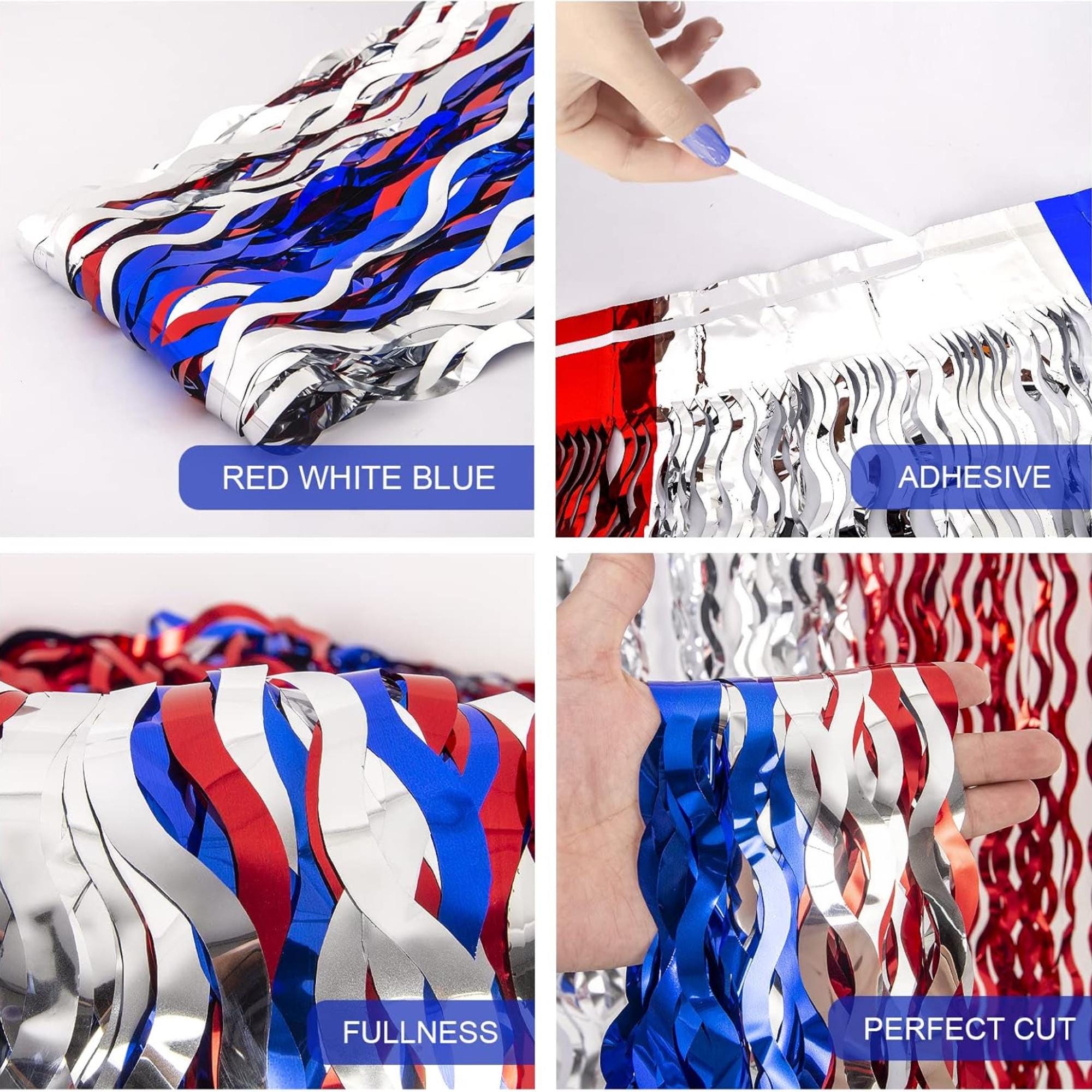 3 Pack Patriotic Wave Tinsel Foil Fringe Curtains Backdrop
