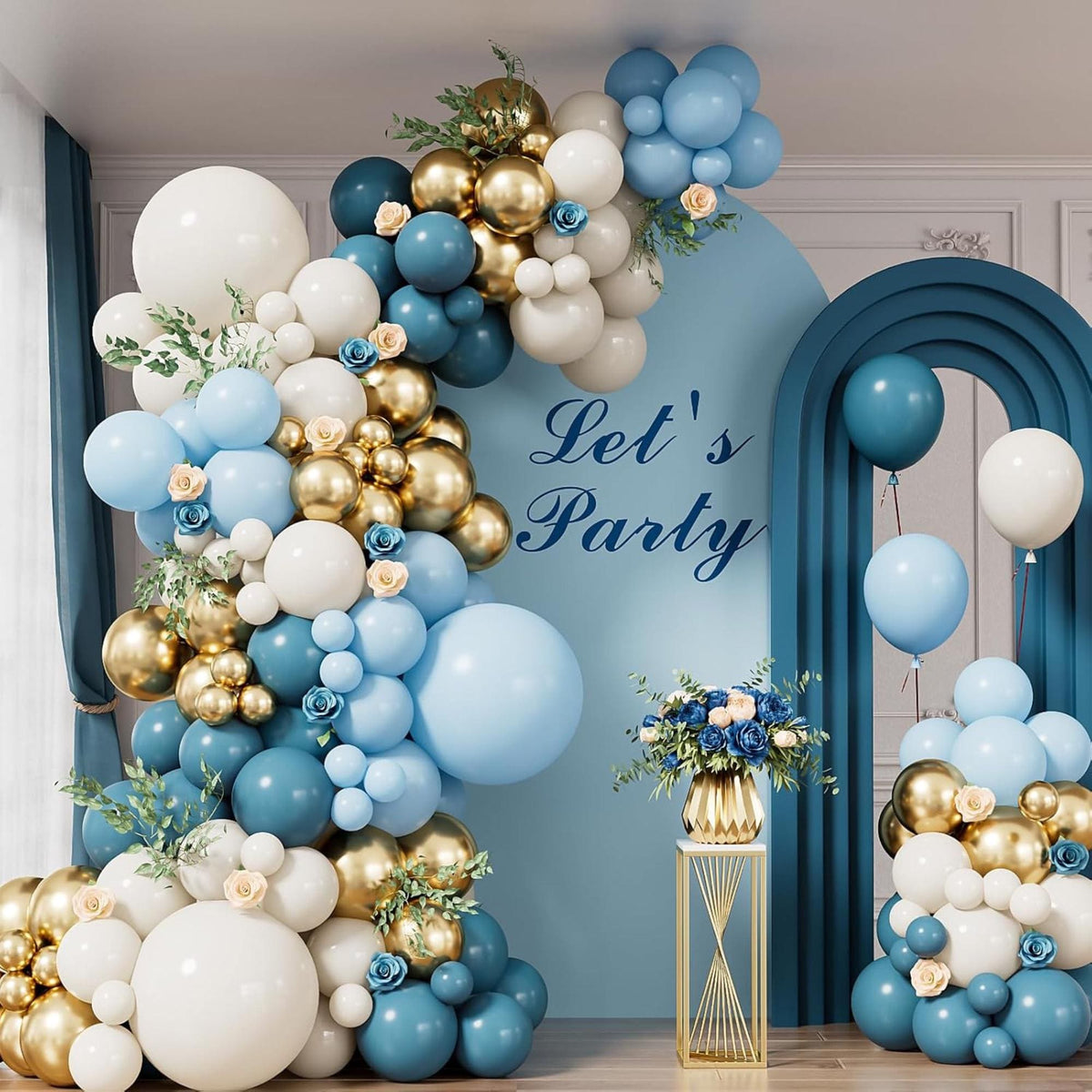 134 Pcs Dusty Blue Balloon Arch Kit Ivory White Gold Garland Decor