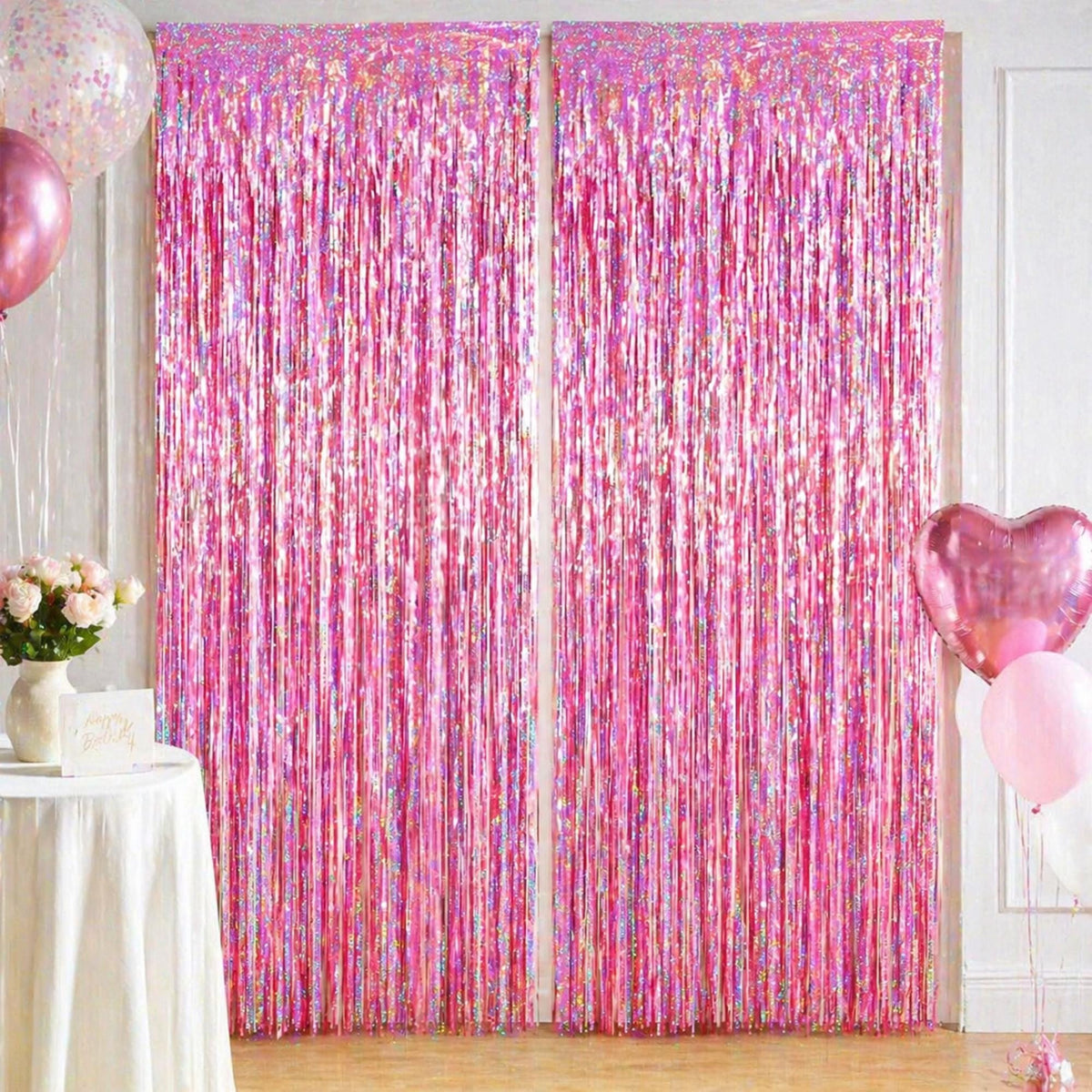 Pink Orange Yellow Confetti Daisy Fringe Curtain Backdrop, Party Decoration
