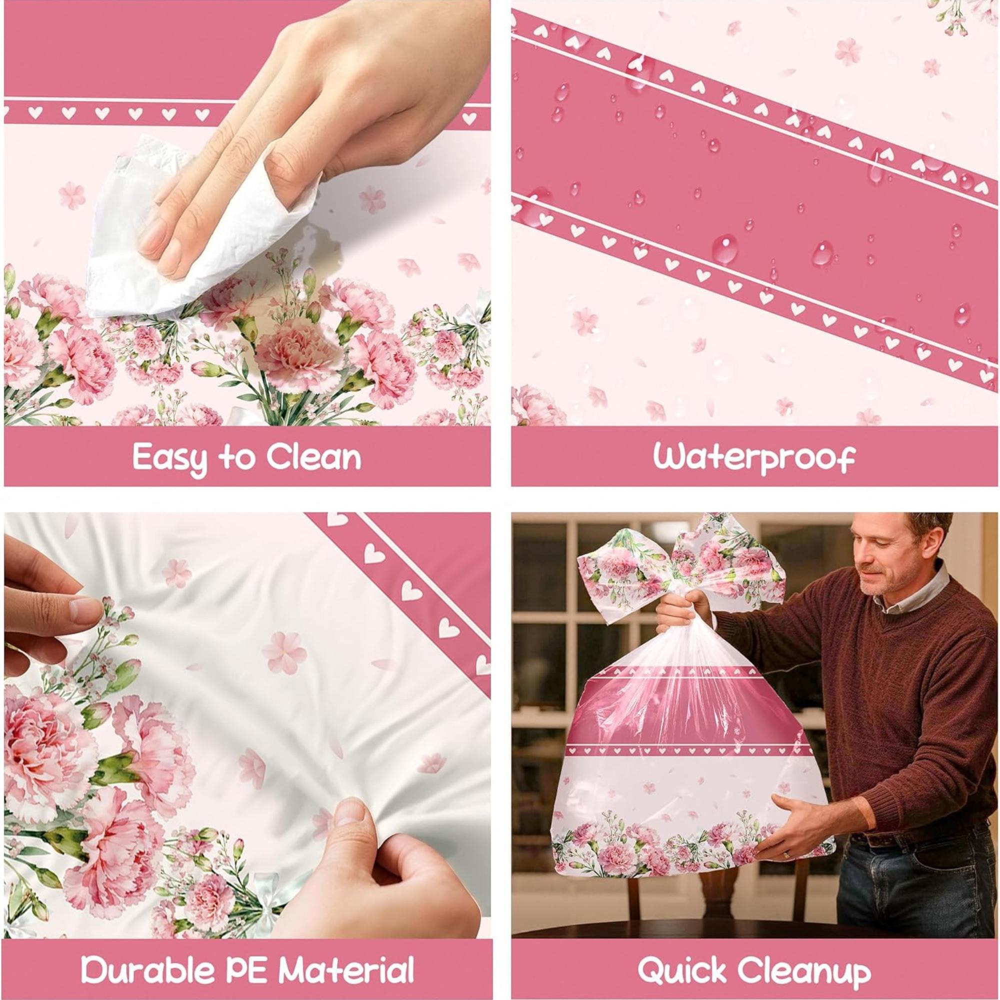 3 Pack Floral Mother's Day Tablecloths, Disposable Plastic Party Covers (54 x 108 Inch)