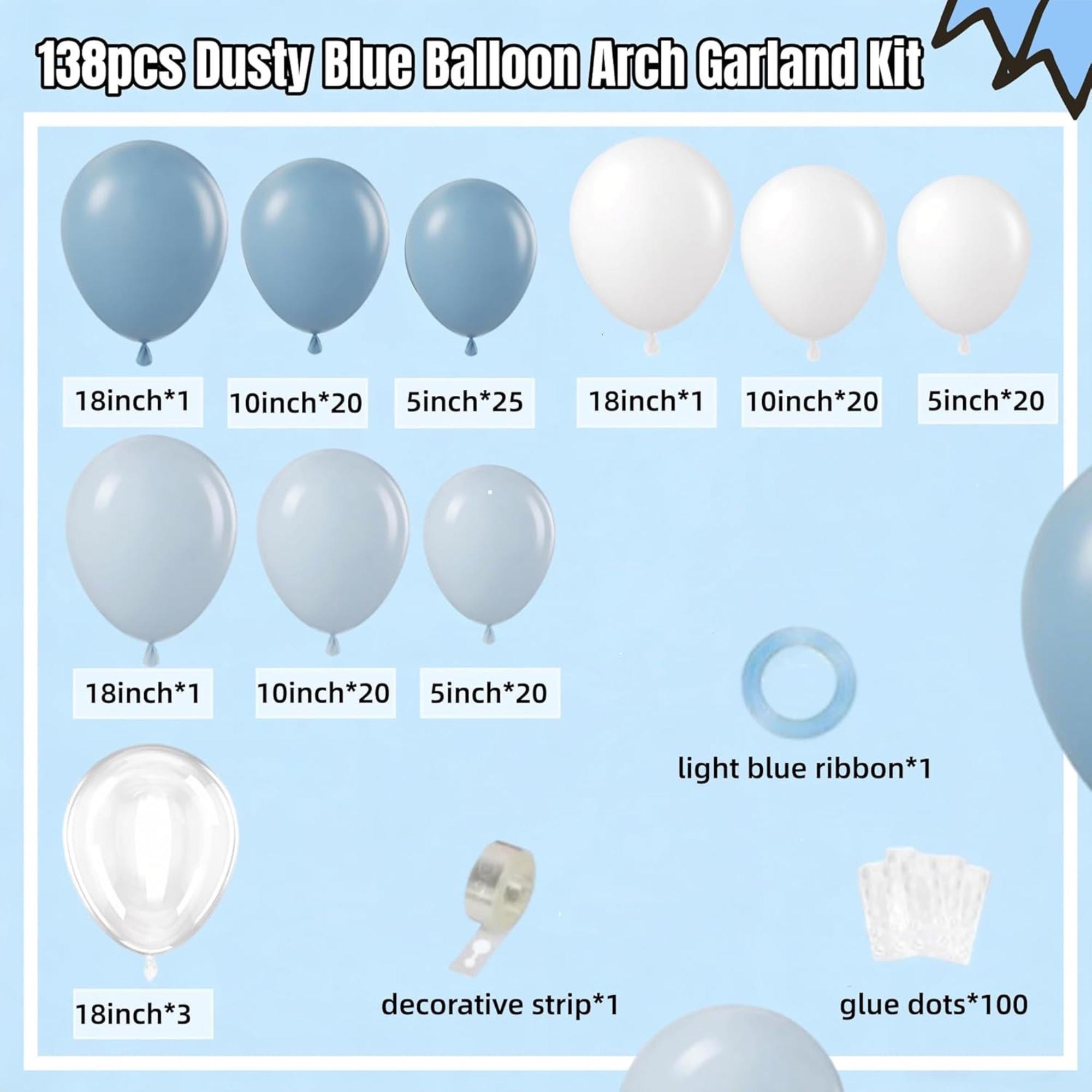 Dusty Blue Balloon Arch Kit 138 Pcs Light Blue White Party Decor Set Pieces