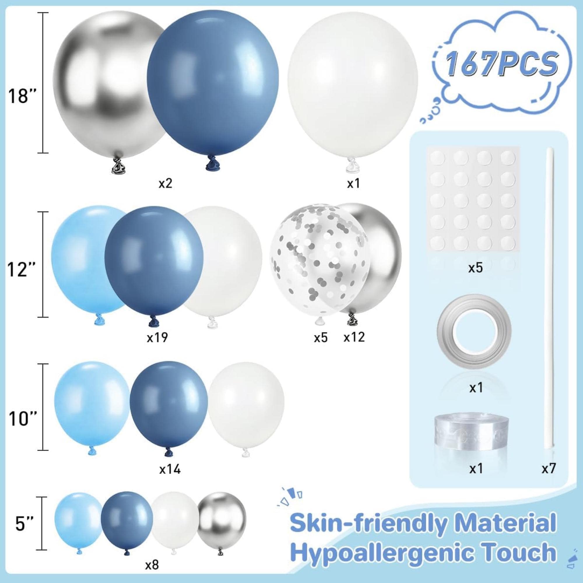 Dusty Blue White Silver Balloon Arch Kit 167 Pcs Party Decor Set Pieces