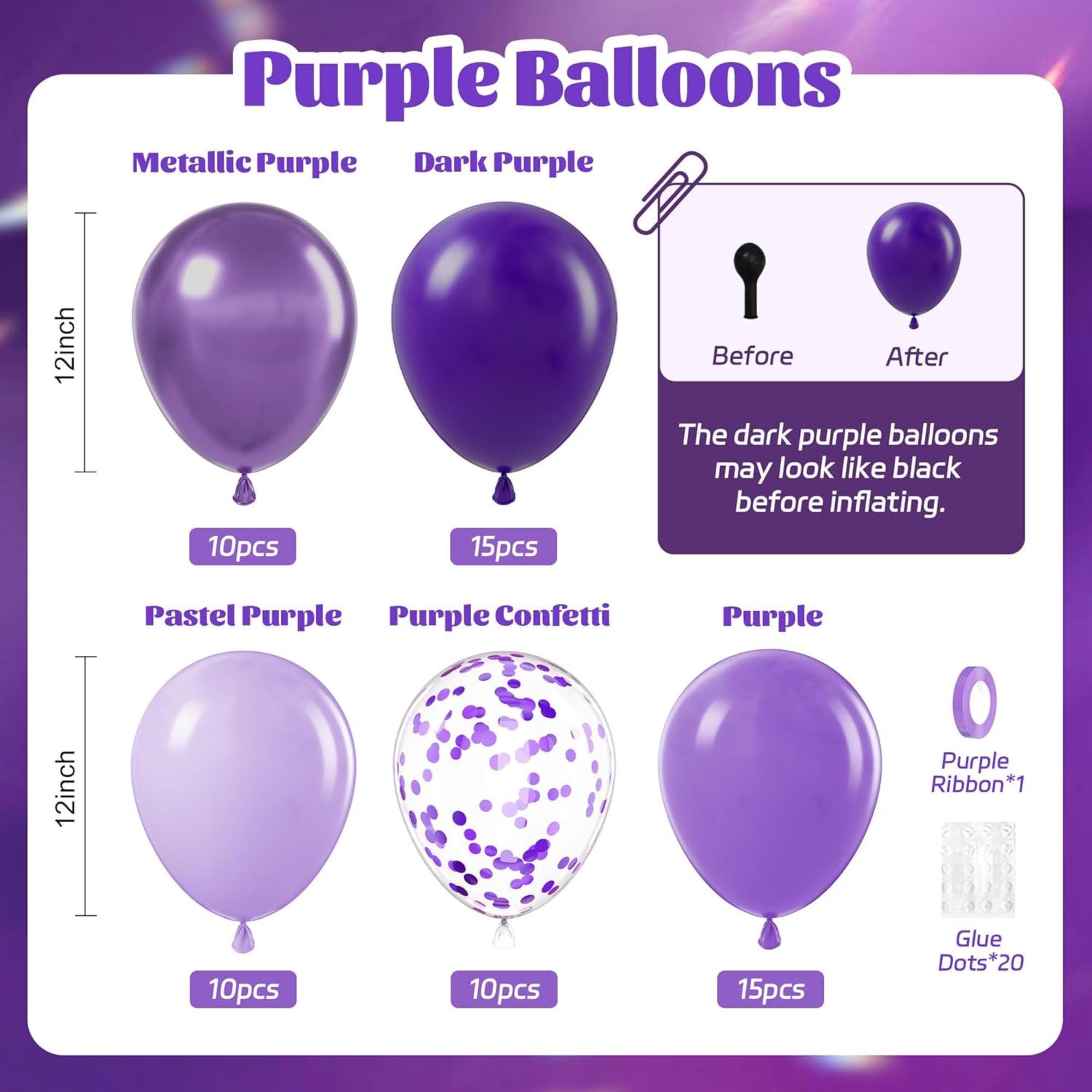 Purple Balloons 60 Pcs 12 Inch Metallic Pastel Confetti Party Decor Set
