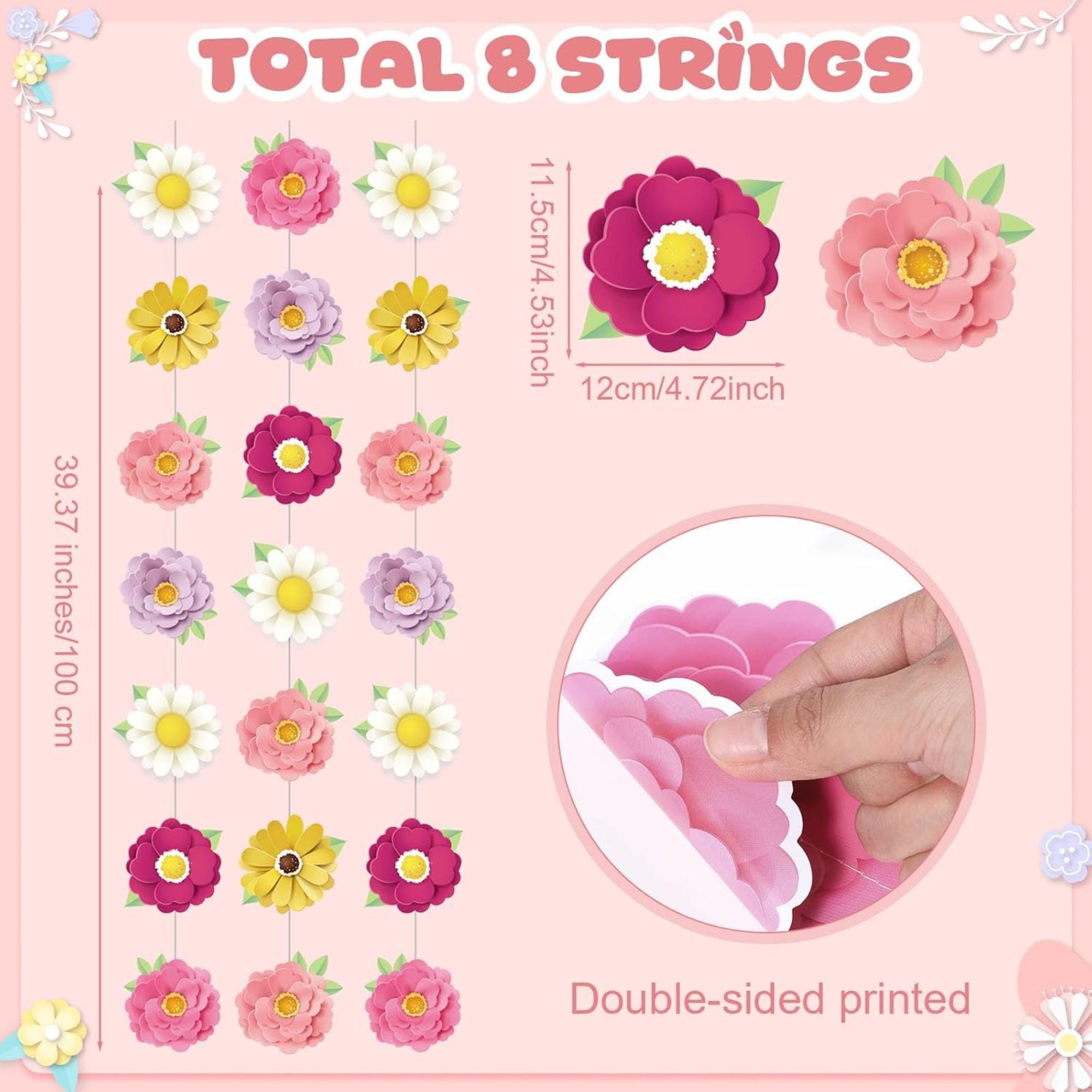 8 Pcs Floral Paper Garland Banners, Mother’s Day Hanging Decorations, Party Supplies