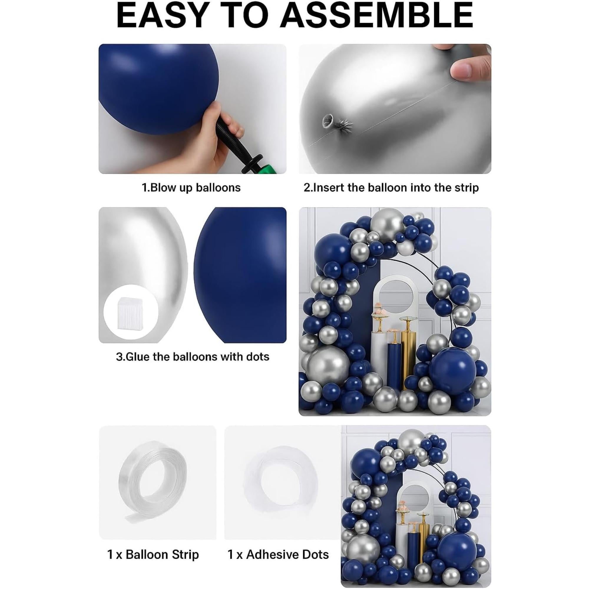195 Pcs Navy Blue, Silver, White, Confetti Balloons Arch Kit