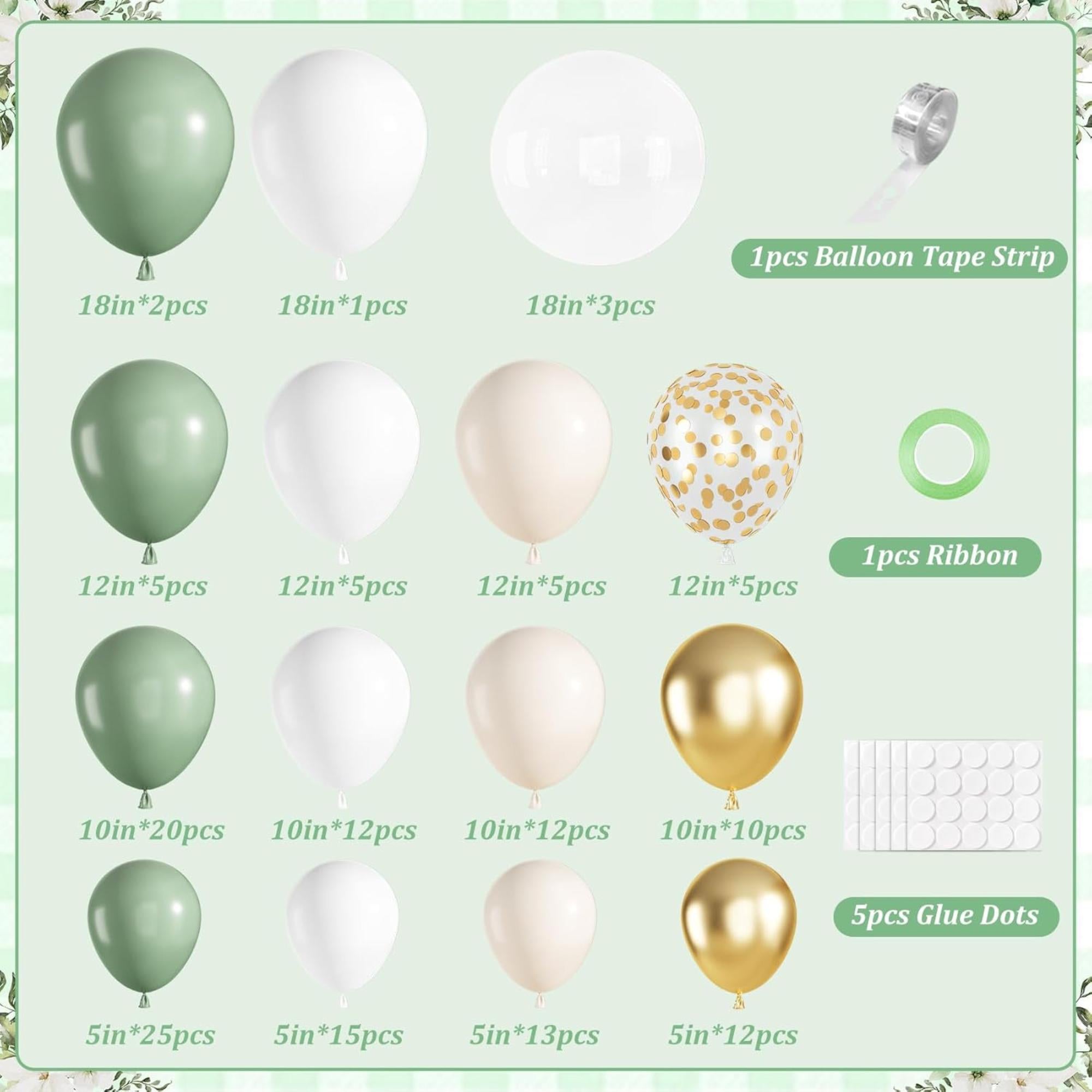 Sage Green White Gold Balloon Arch Kit 152 Pcs Spring Party Decor Set