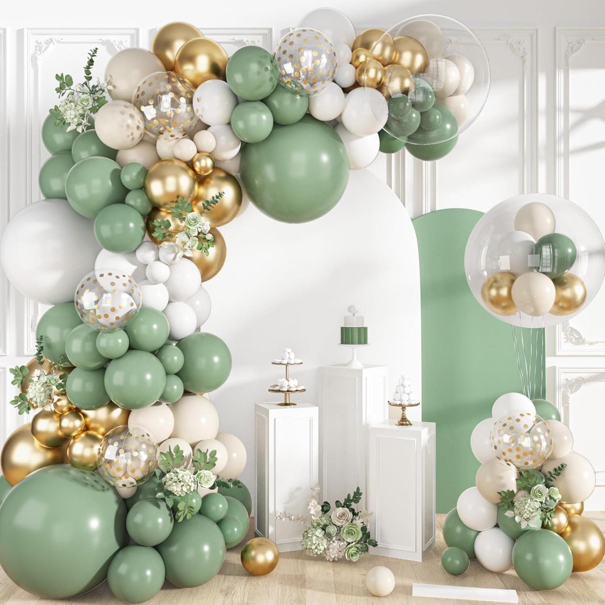 Sage Green White Gold Balloon Arch Kit 152 Pcs Spring Party Decor Set