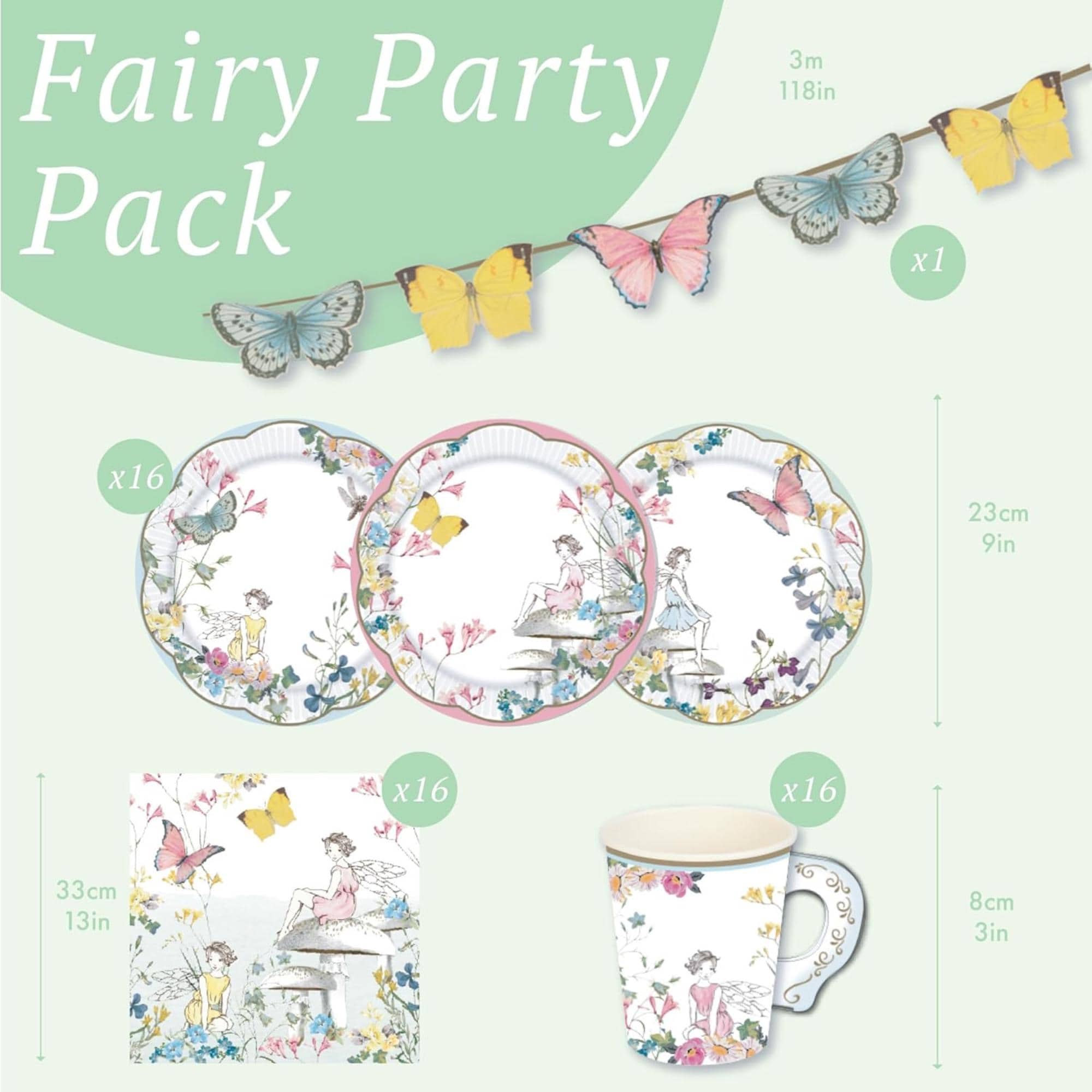 Fairy Party Wildflower Tableware Set, Butterfly Bunting, Plates, Cups, Napkins (Serves 16)