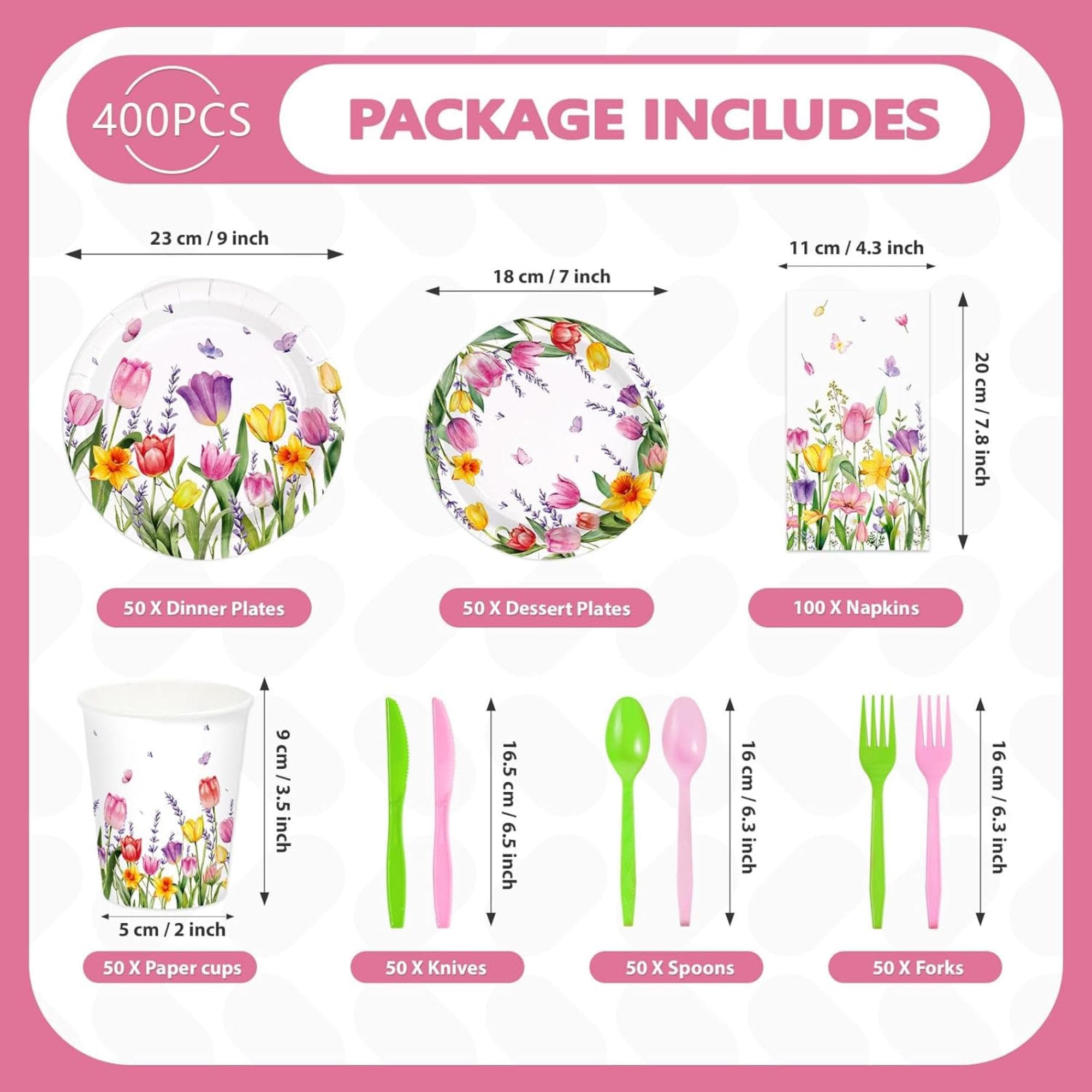 Tulip Butterfly Tableware Set for 50 Guests, Mother's Day Party Supplies